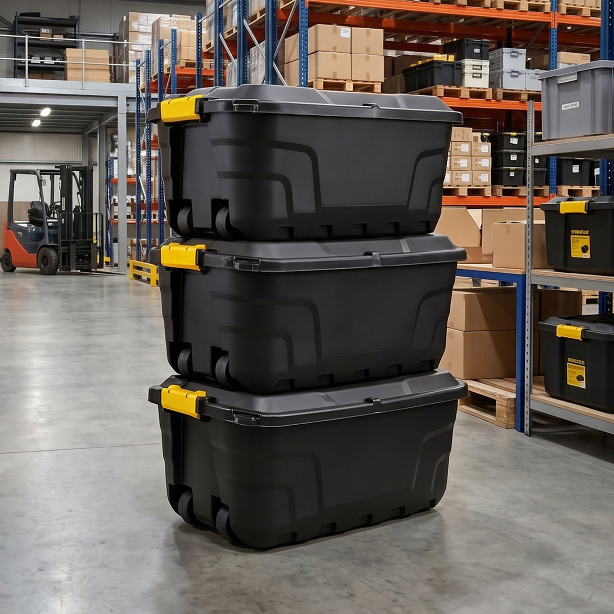 Stackable 75L storage boxes in warehouse

