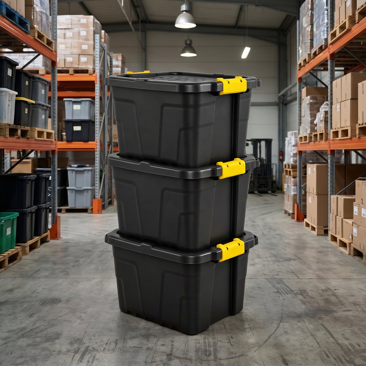 Stackable plastic storage boxes in warehouse
