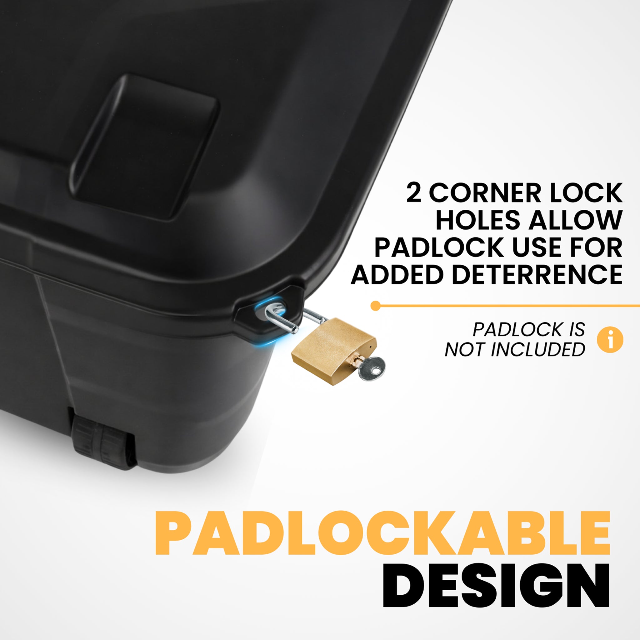 Black storage box corner with padlock