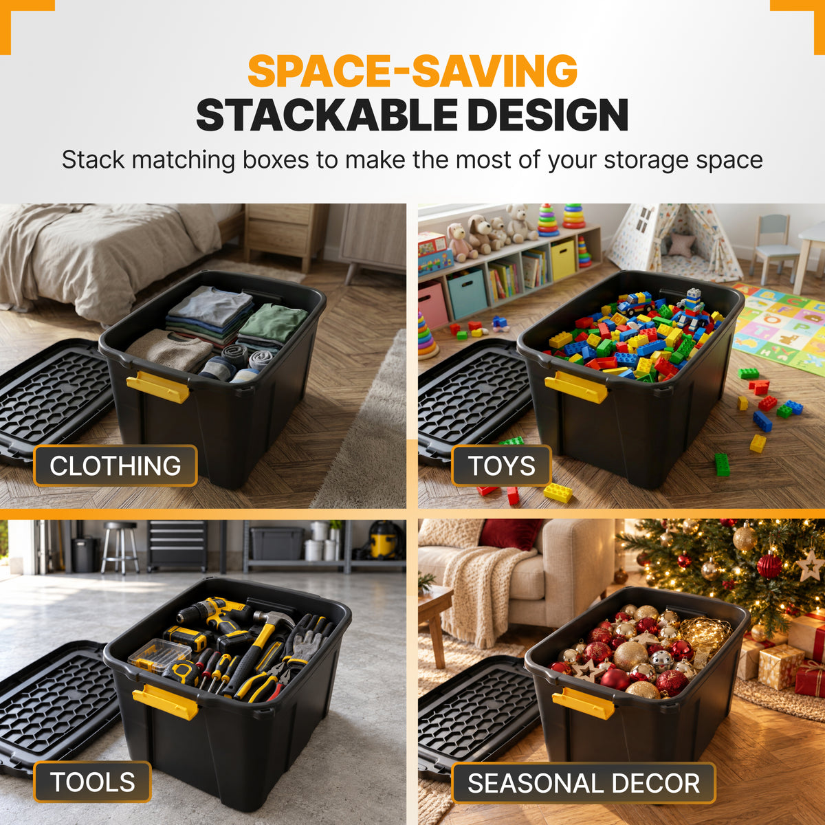 Plastic storage boxes for clothes, toys and tools
