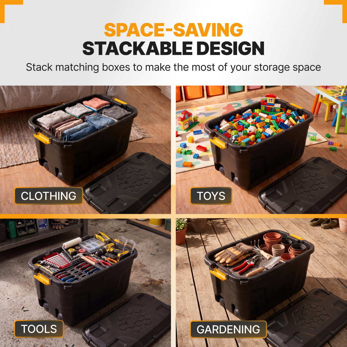Rolling storage boxes for clothes, toys and tools
