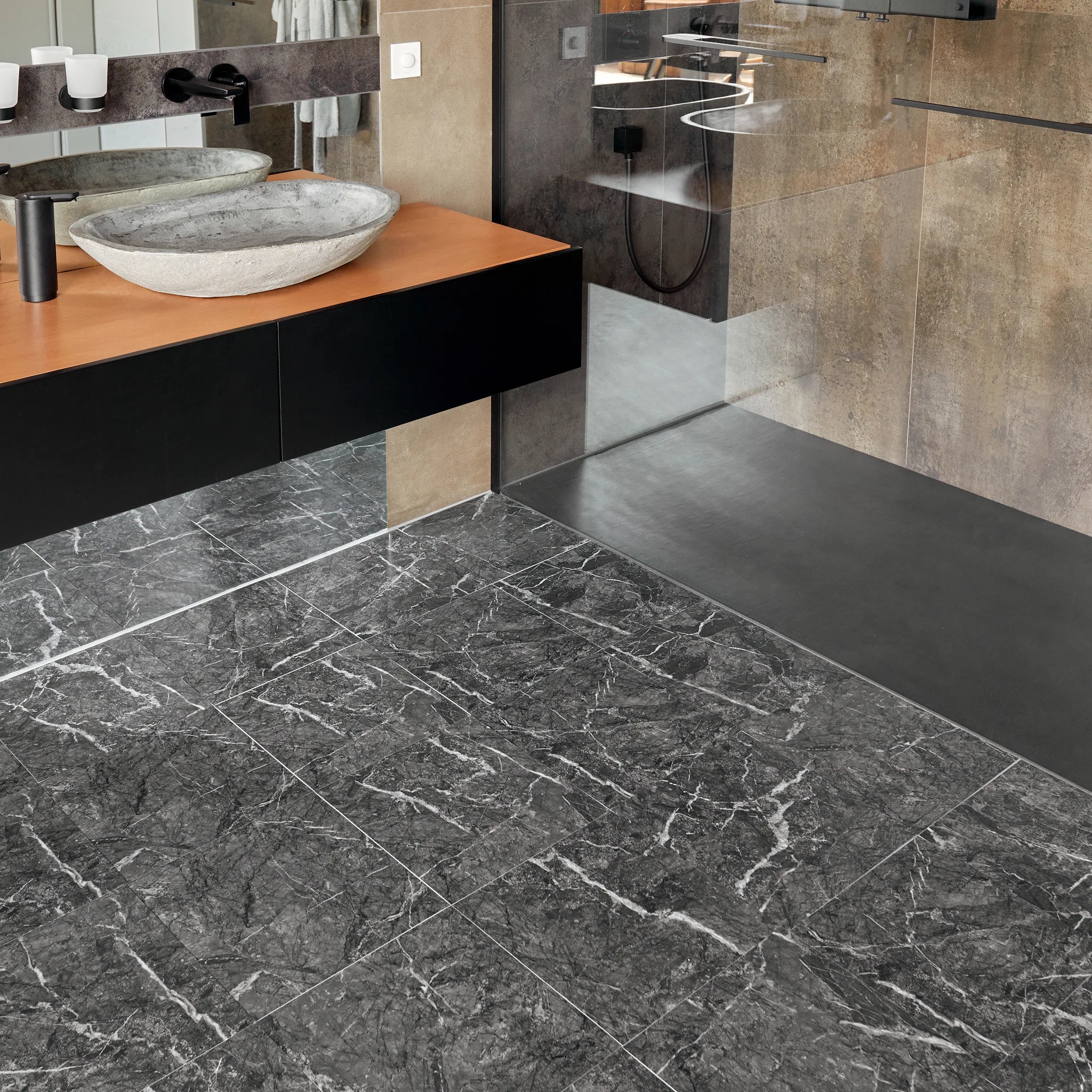 Marble effect floor tiles in bathroom