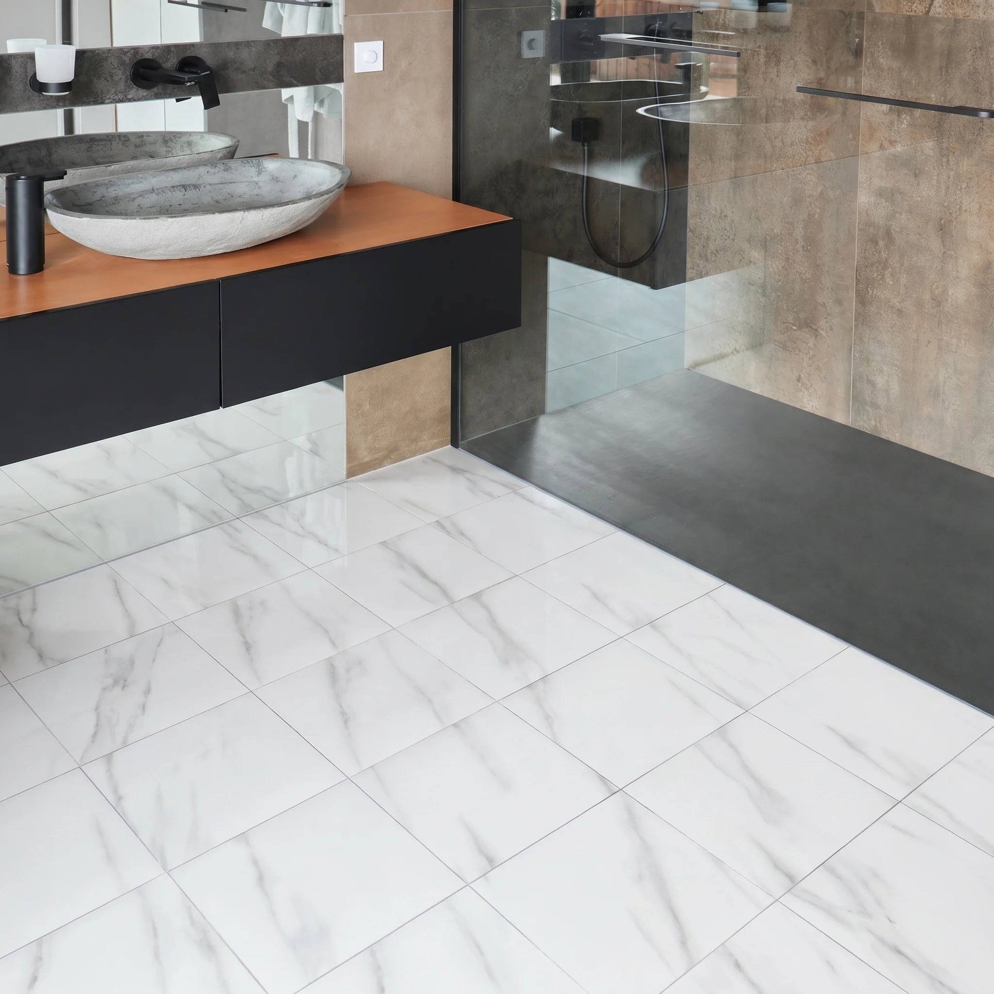 Marble effect floor tiles in bathroom