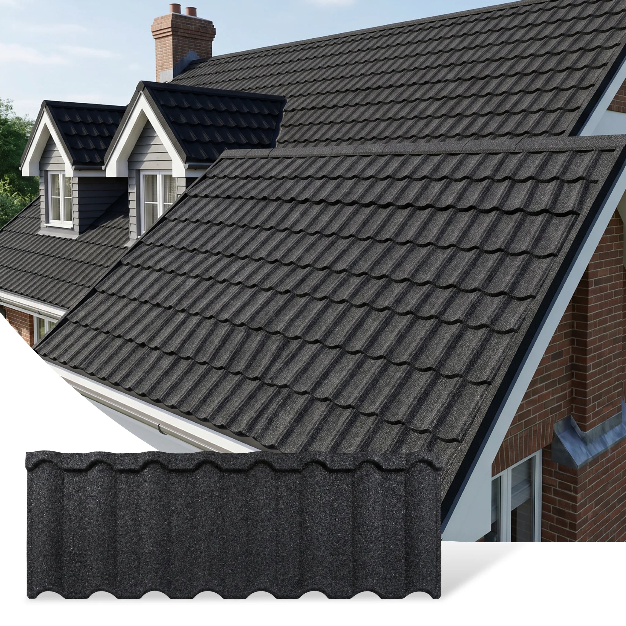 Green metal roof shingles on UK home