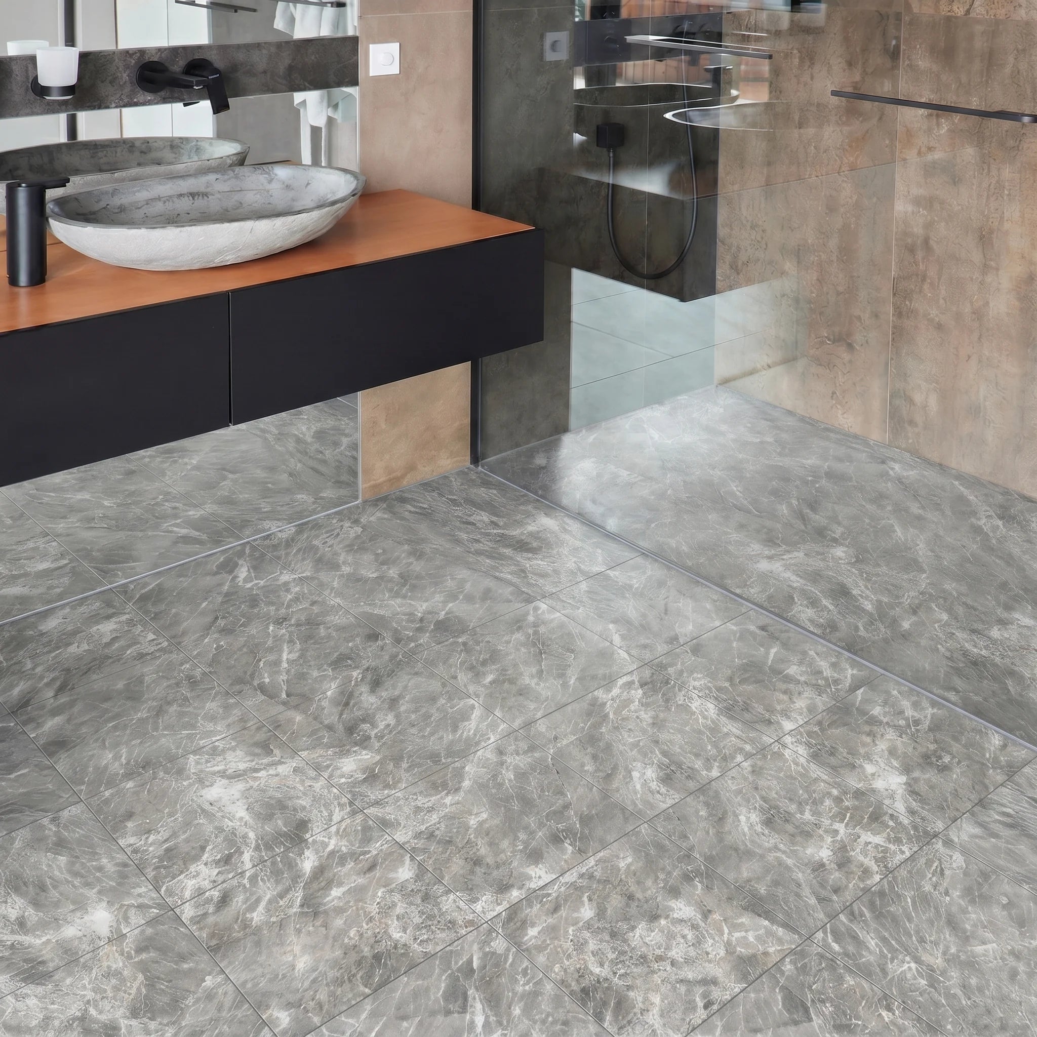 Marble effect floor tiles in bathroom