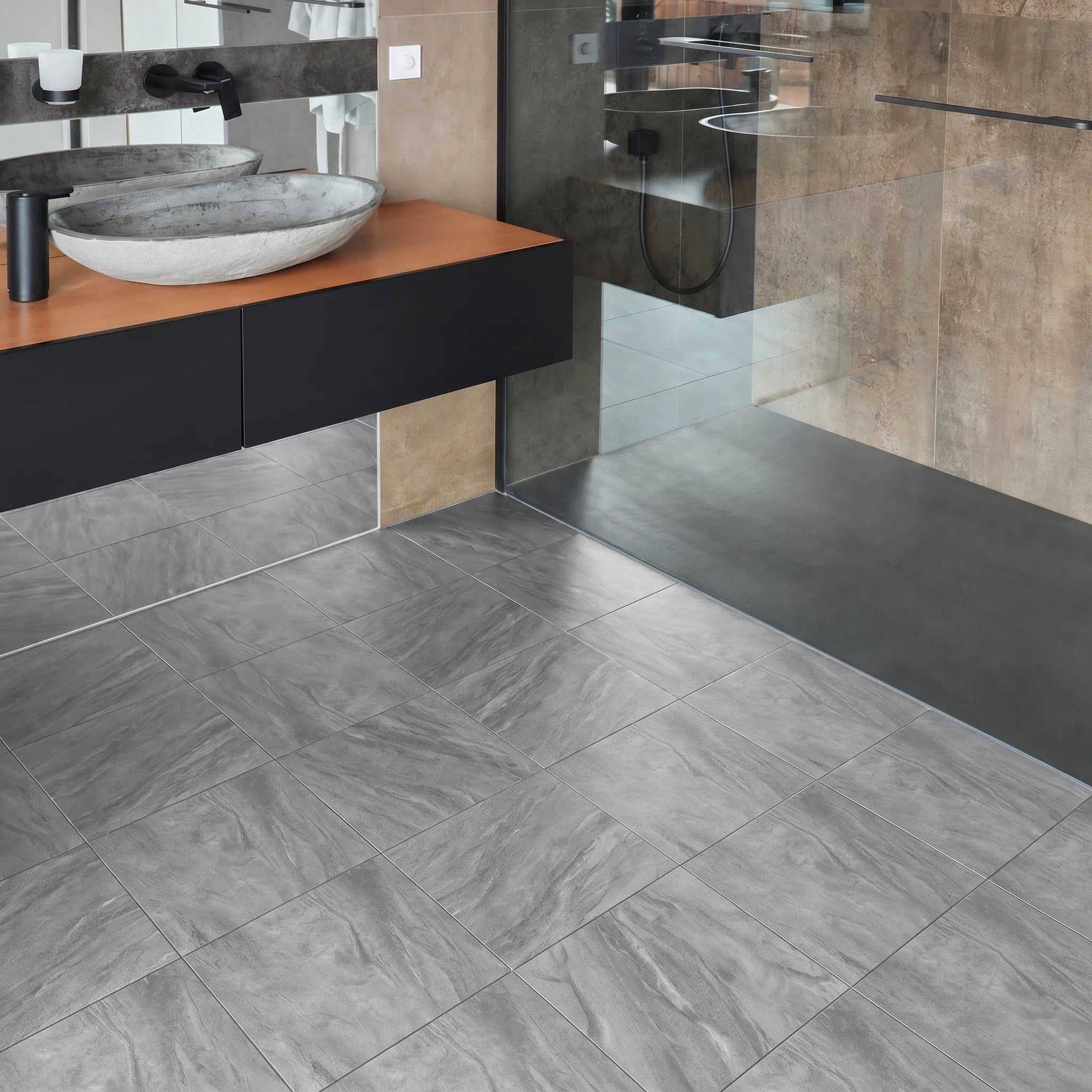 Marble effect floor tiles in bathroom