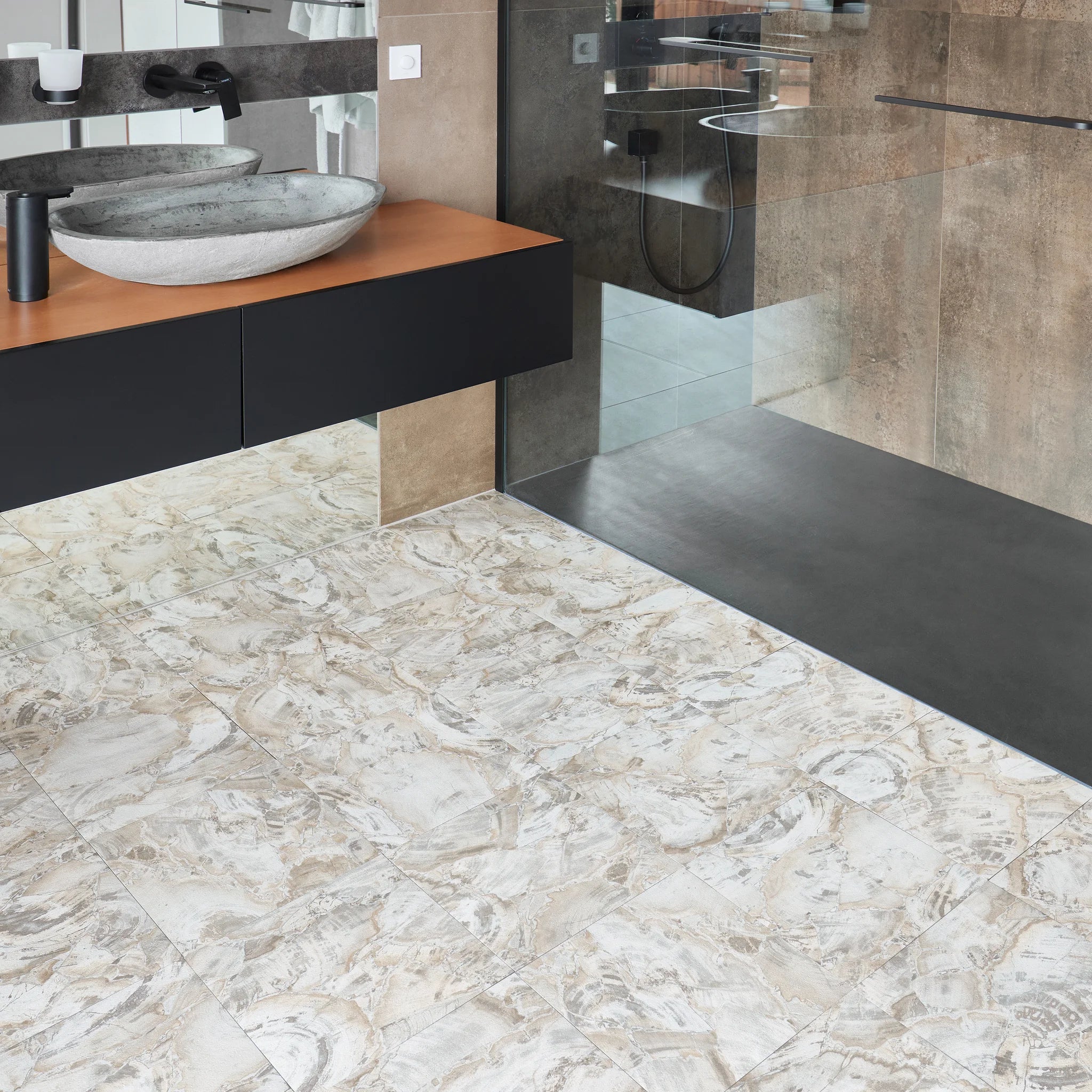 Marble effect floor tiles in bathroom