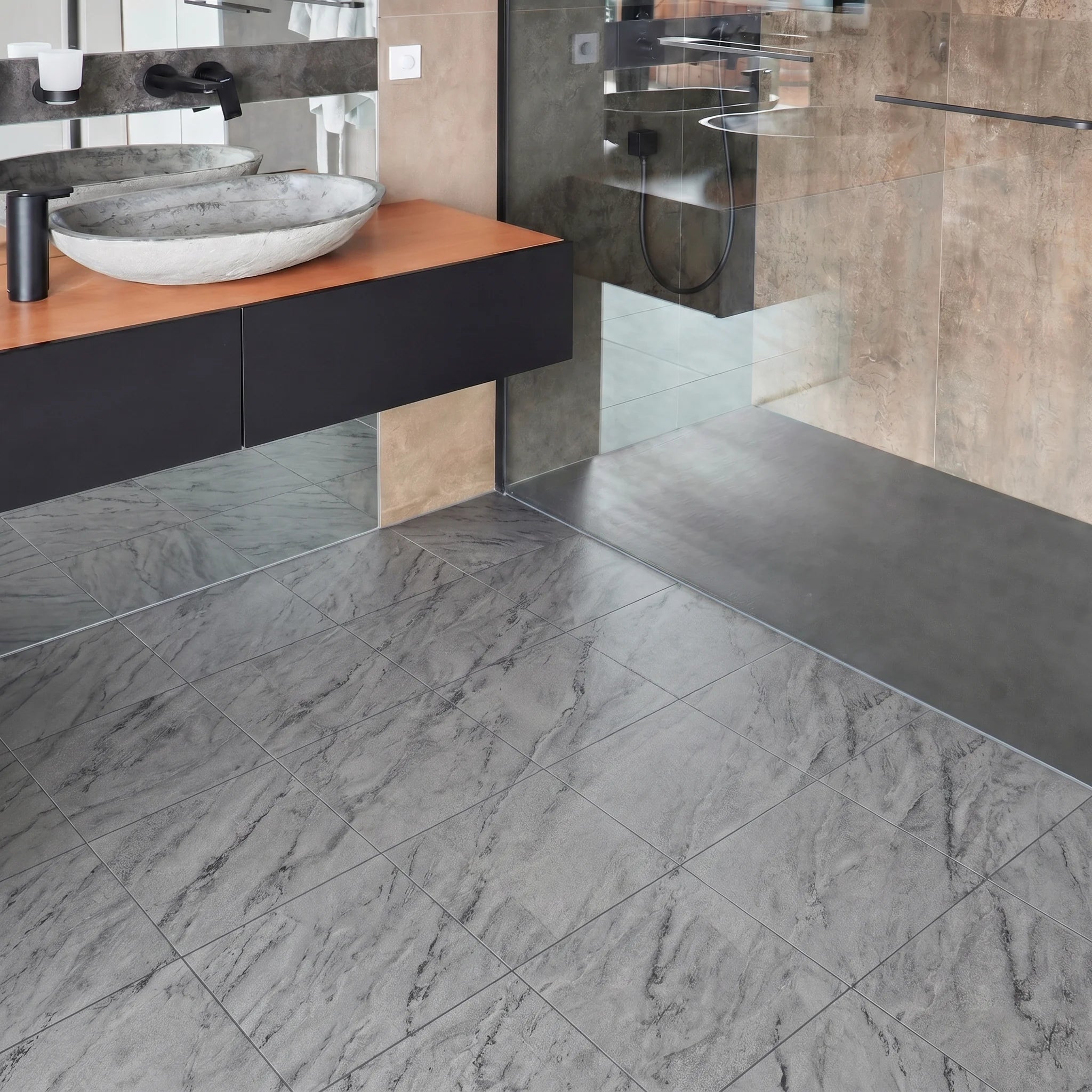 Marble effect floor tiles in bathroom