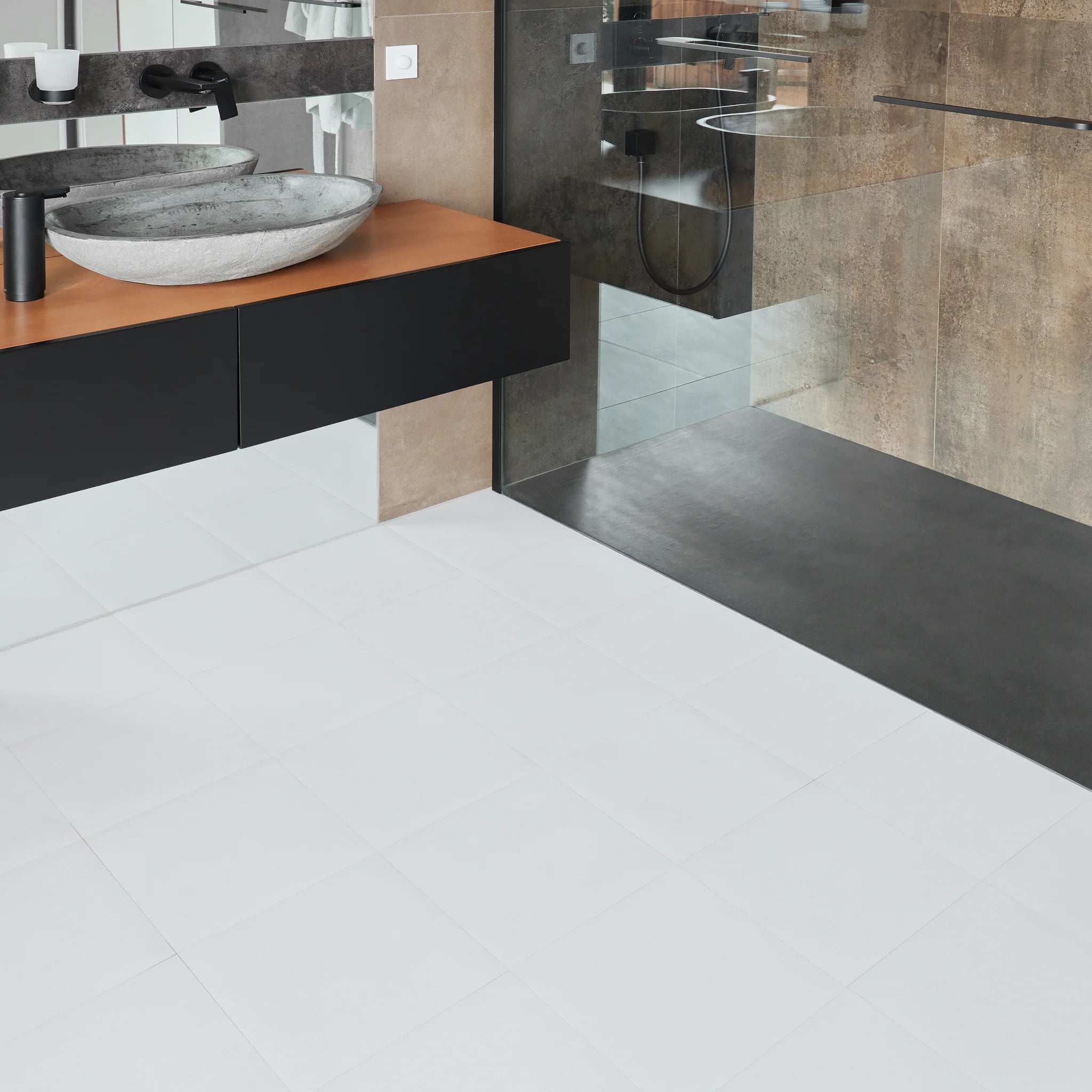 Self adhesive floor tile in modern bathroom
