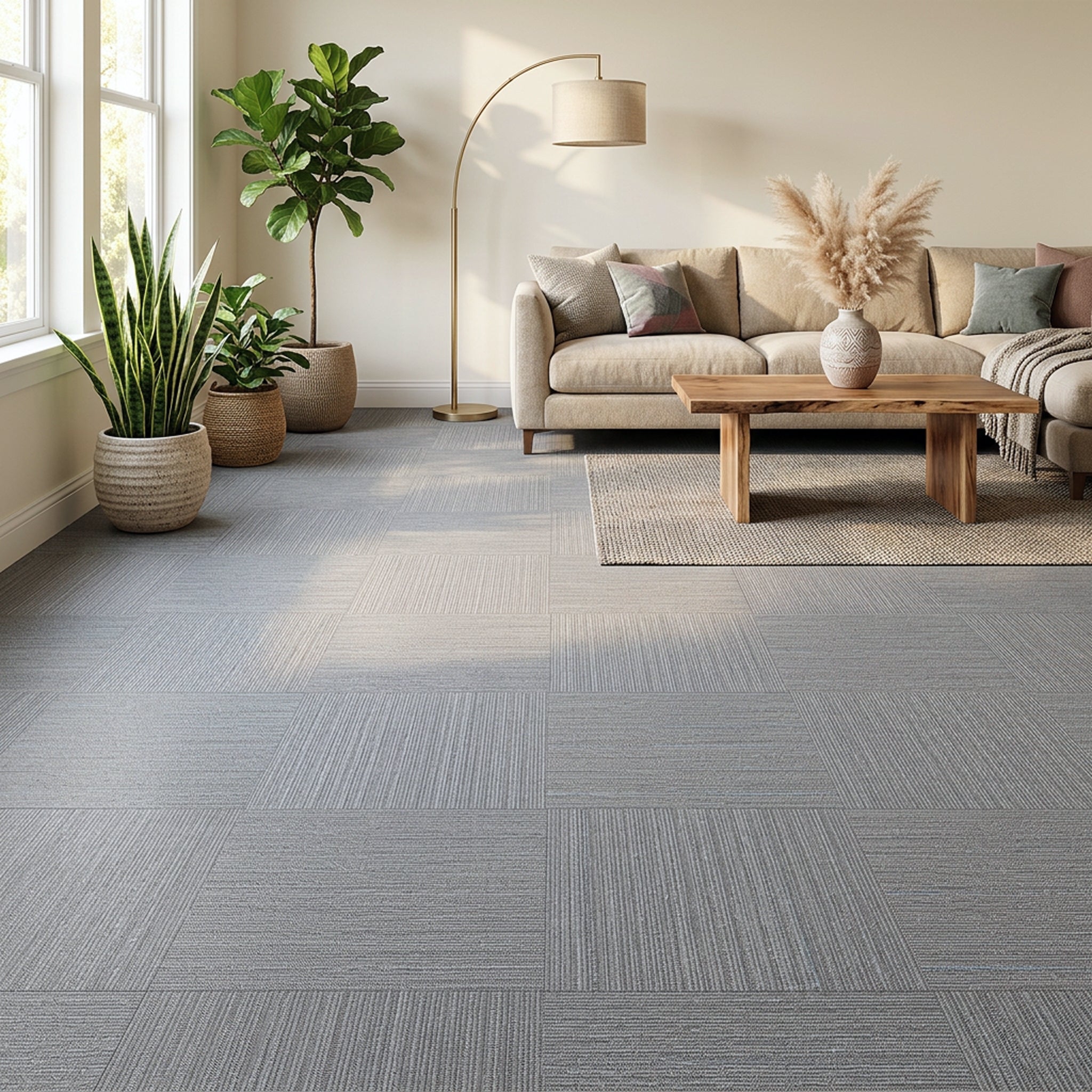 Grey Self adhesive carpet tiles in living room