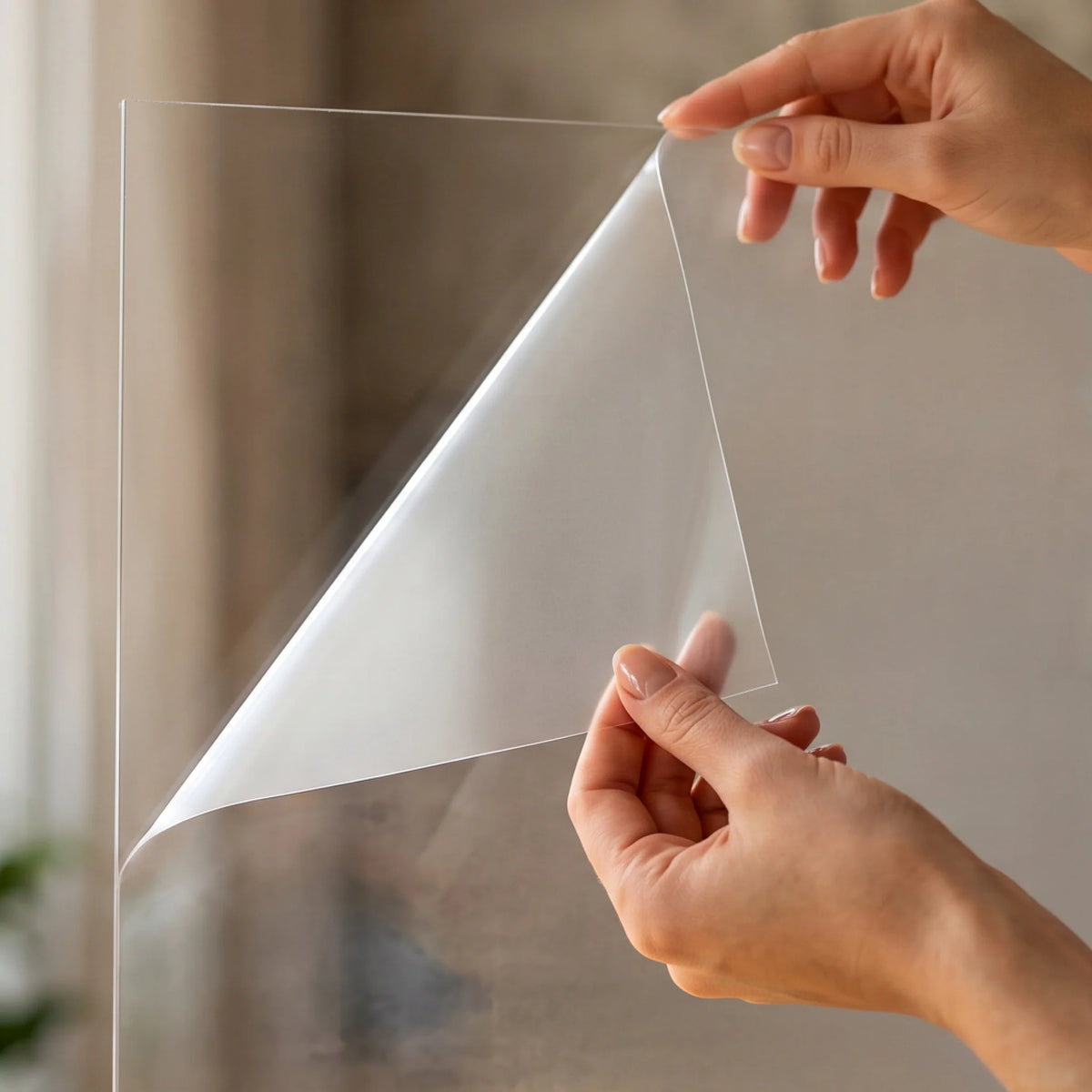 Hands peeling film off clear plastic sheet
