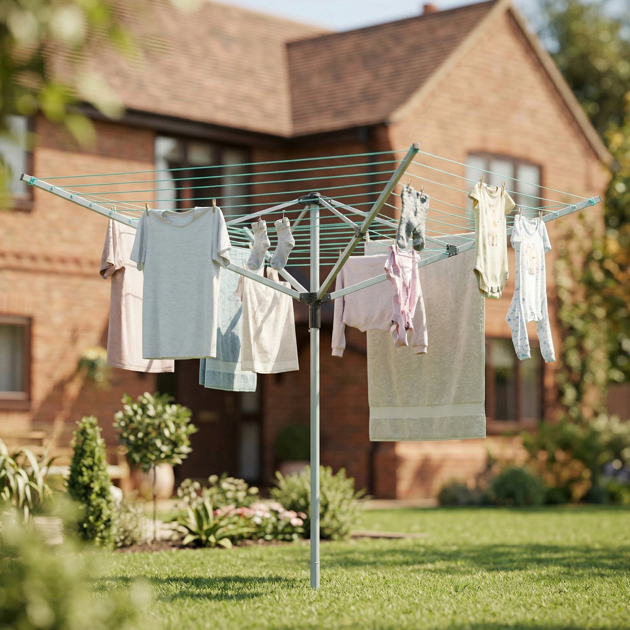 rotary washing line in garden with clothes drying