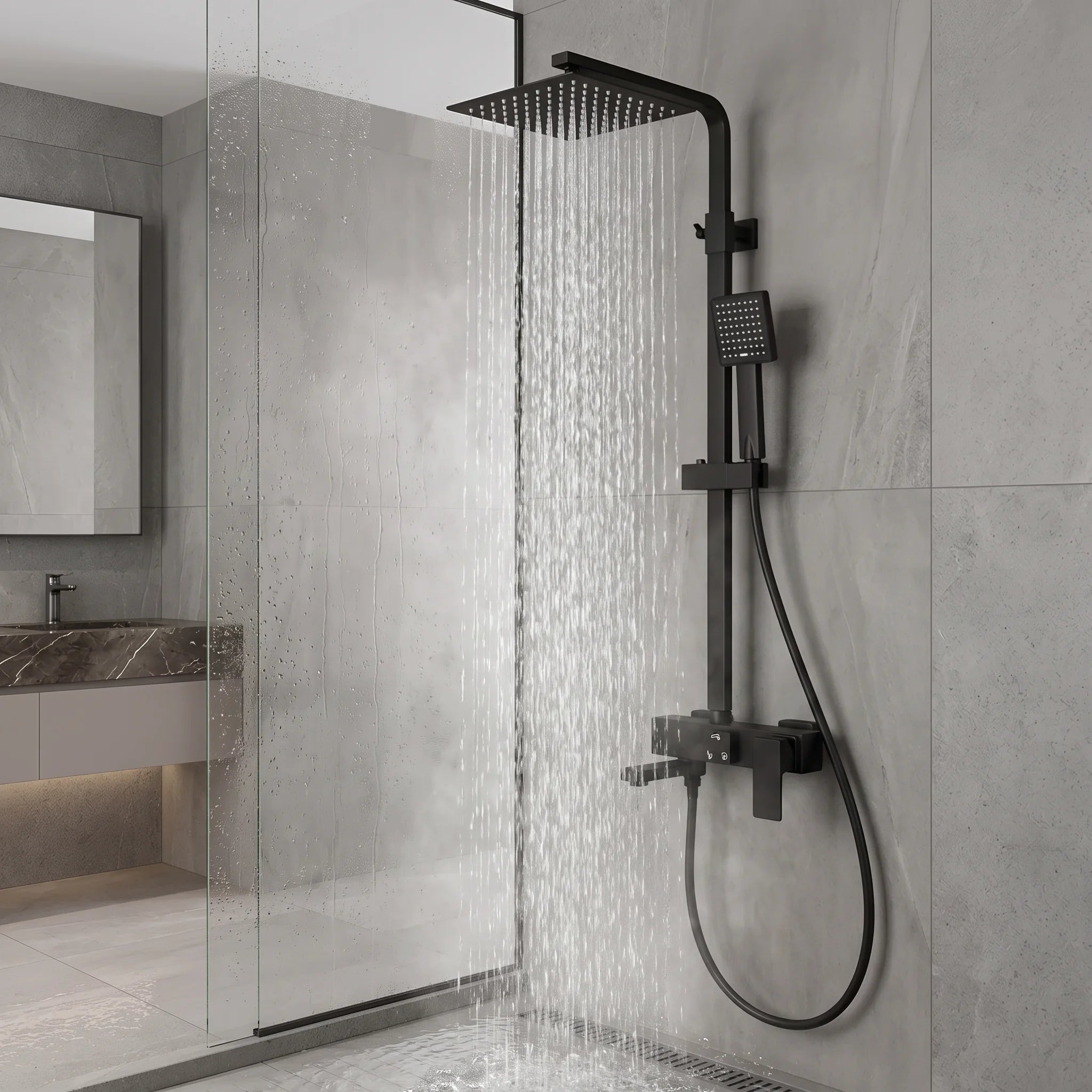Matte black rainfall shower in bathroom