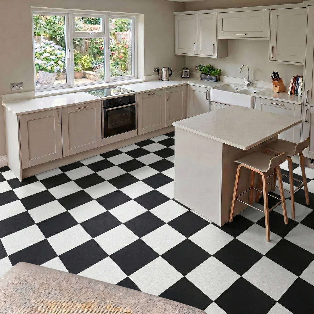 Kitchen interior with checkerboard vinyl flooring