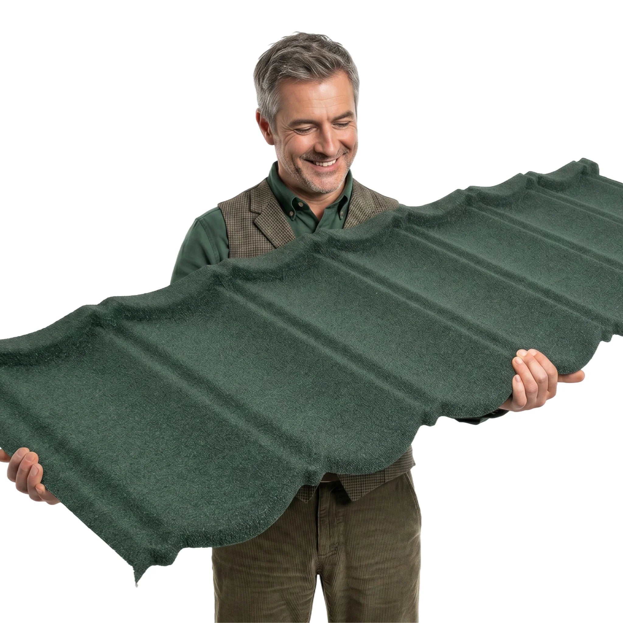 Man holding green metal roof shingle

