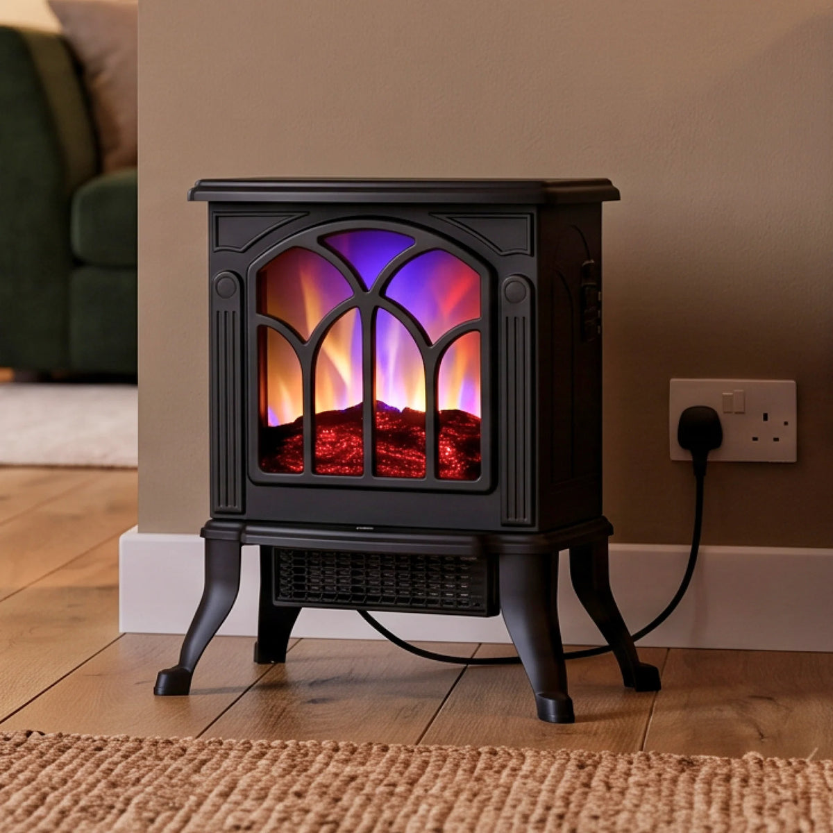 Mains powered fireplace plugged into UK socket