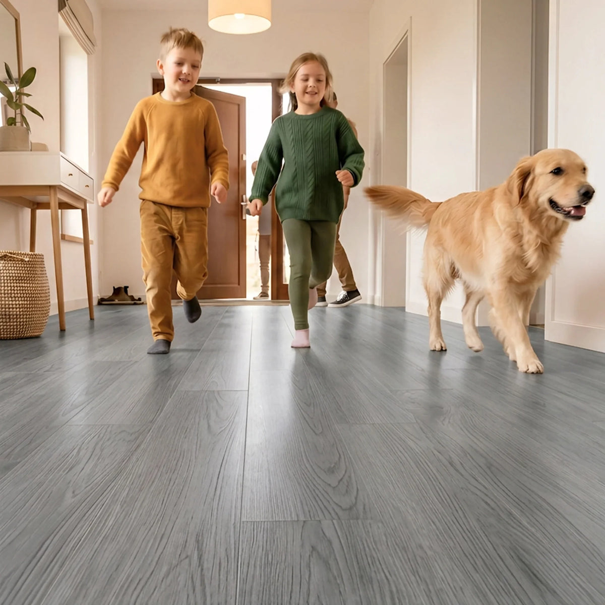 Family walking on vinyl flooring
