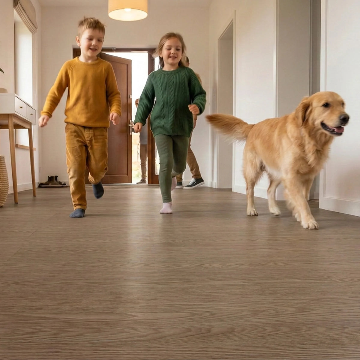 Family walking on vinyl flooring
