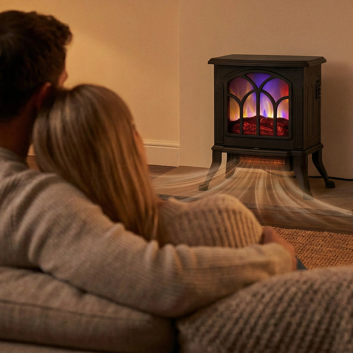 Couple relaxing near cozy electric fireplace flame
