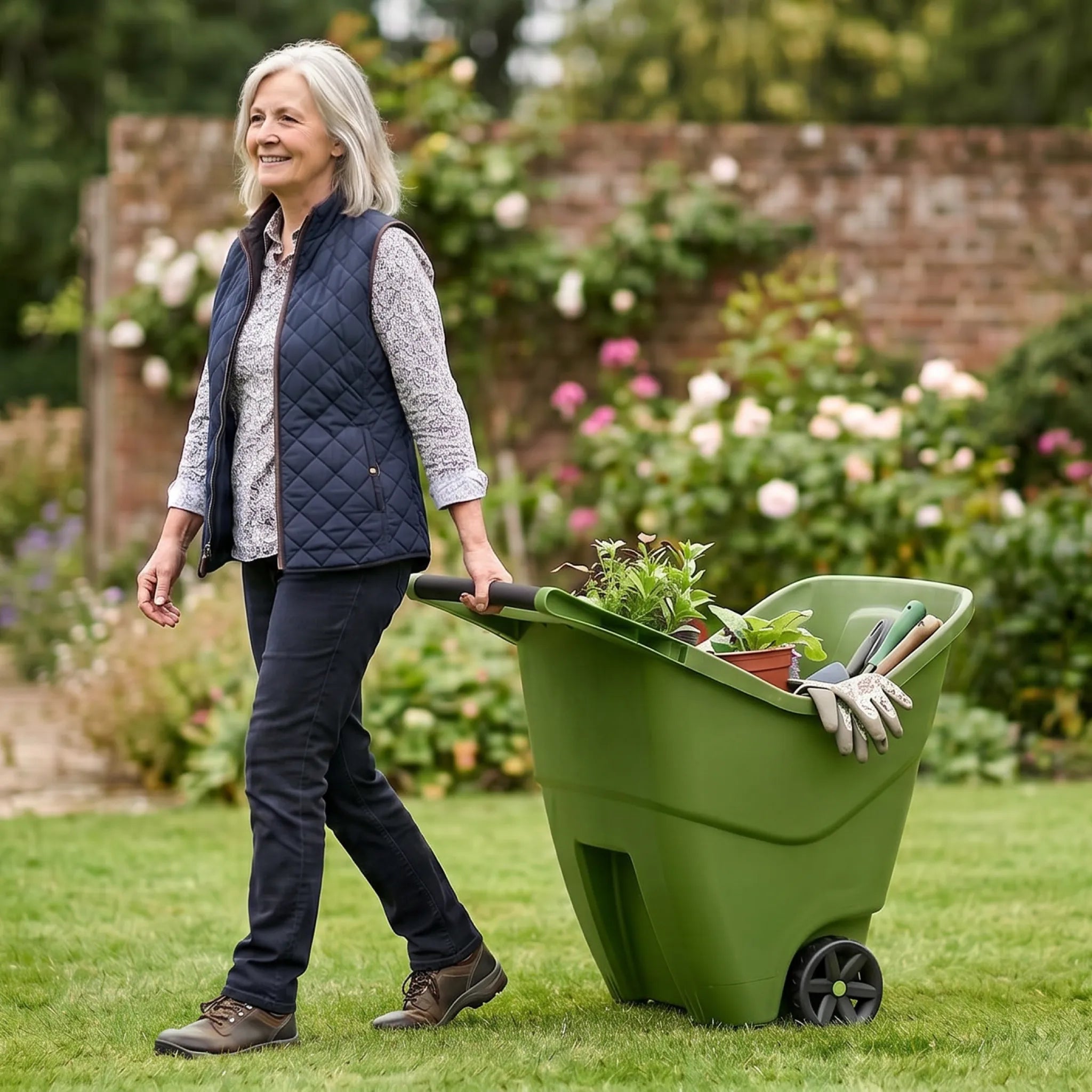 Woman pulling garden caddy across lawn