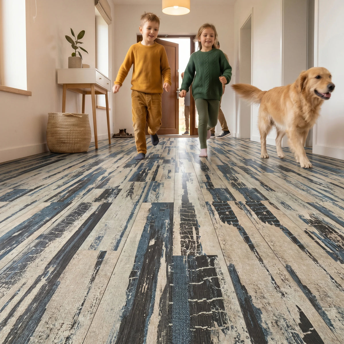 Family walking on vinyl flooring
