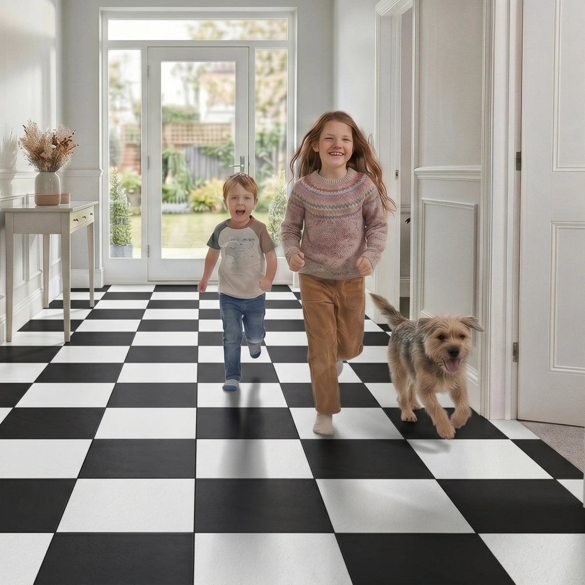 Pet friendly vinyl floor tiles hallway scene