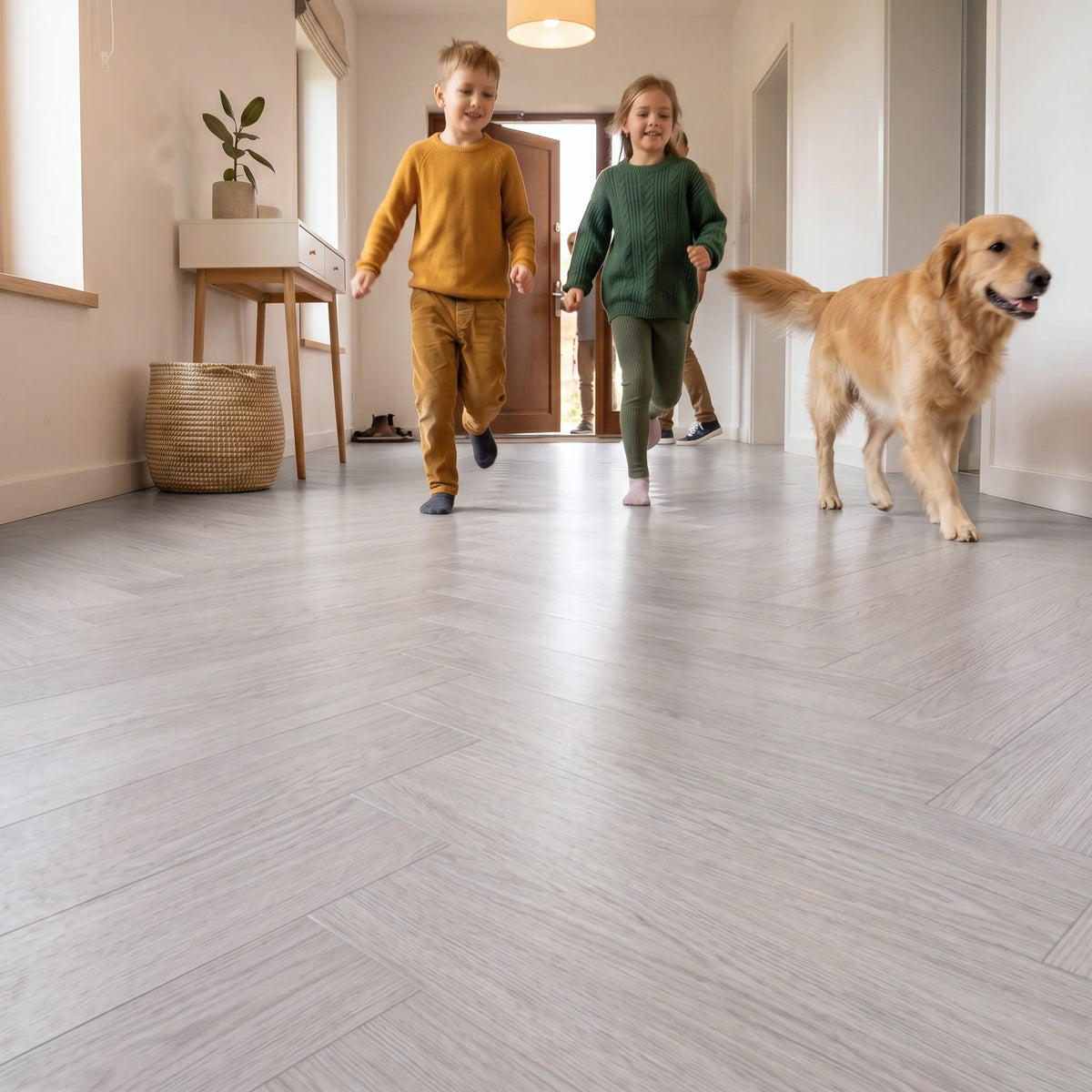 Family walking on vinyl flooring
