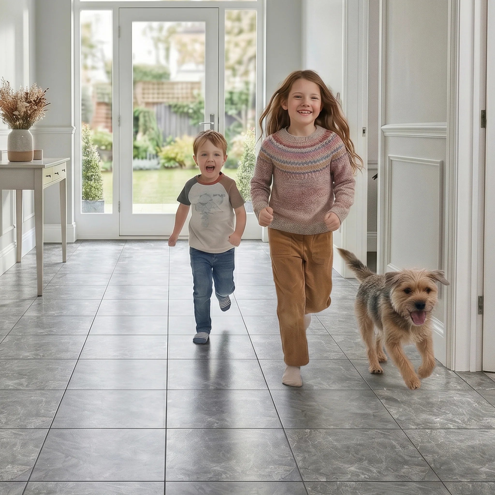Wear resistant vinyl tiles hallway
