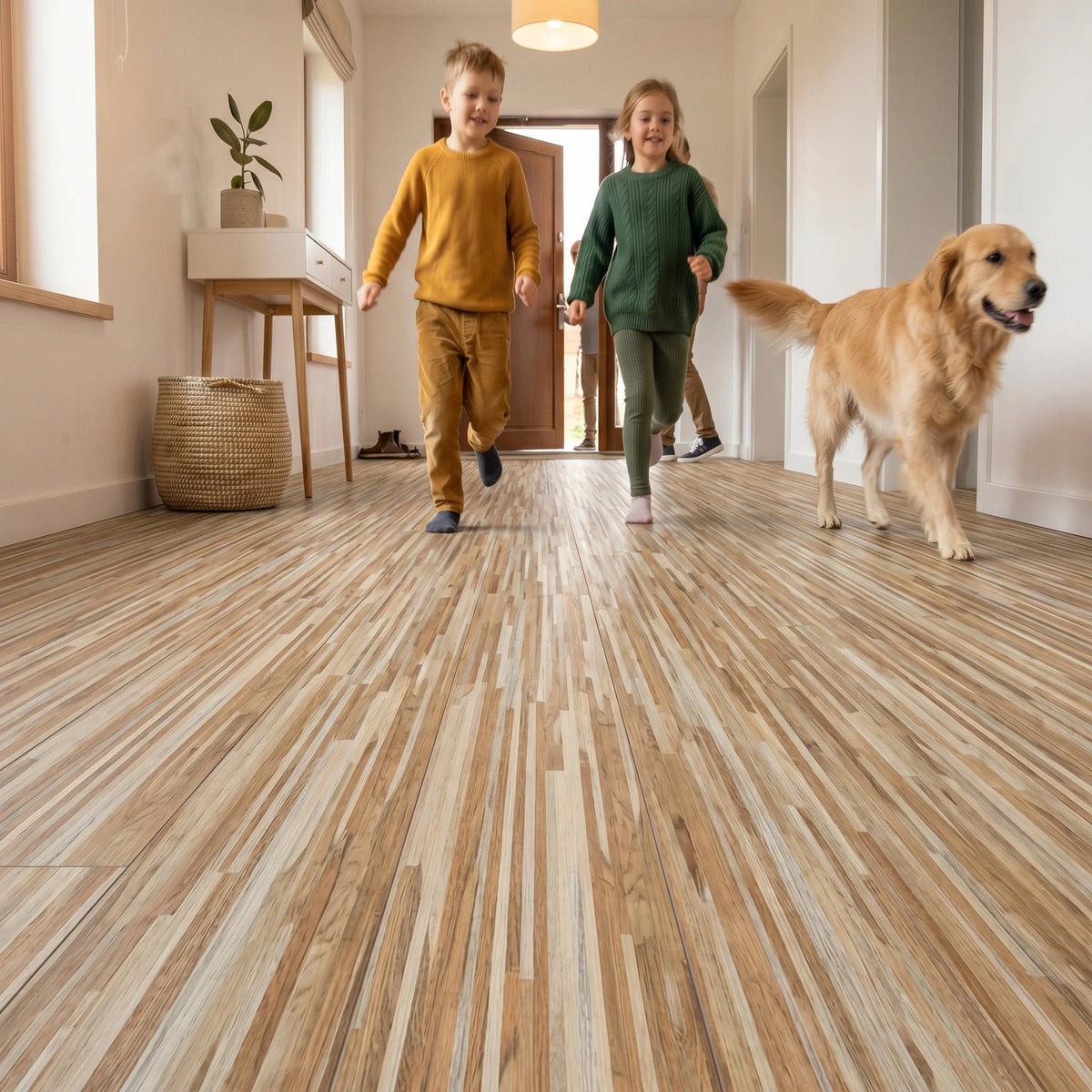 Family walking on vinyl flooring
