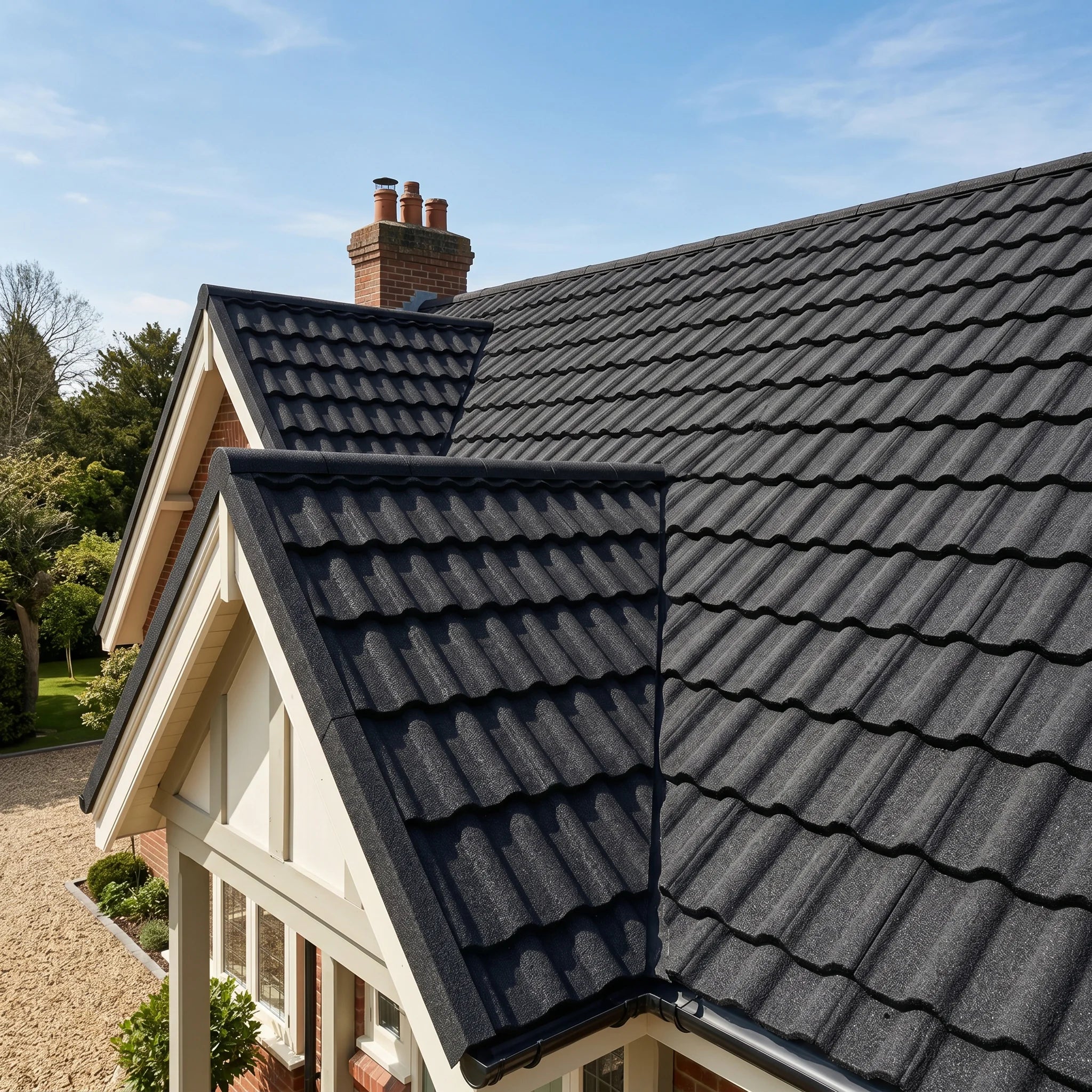 Green metal shingles covering house roof
