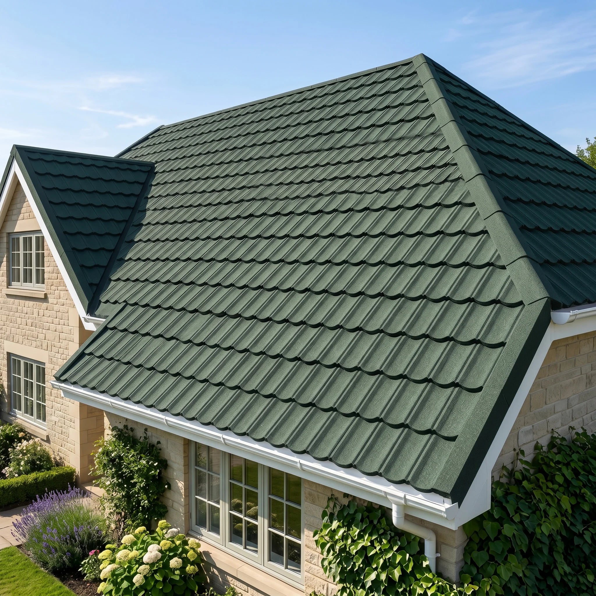 Green metal shingles covering house roof
