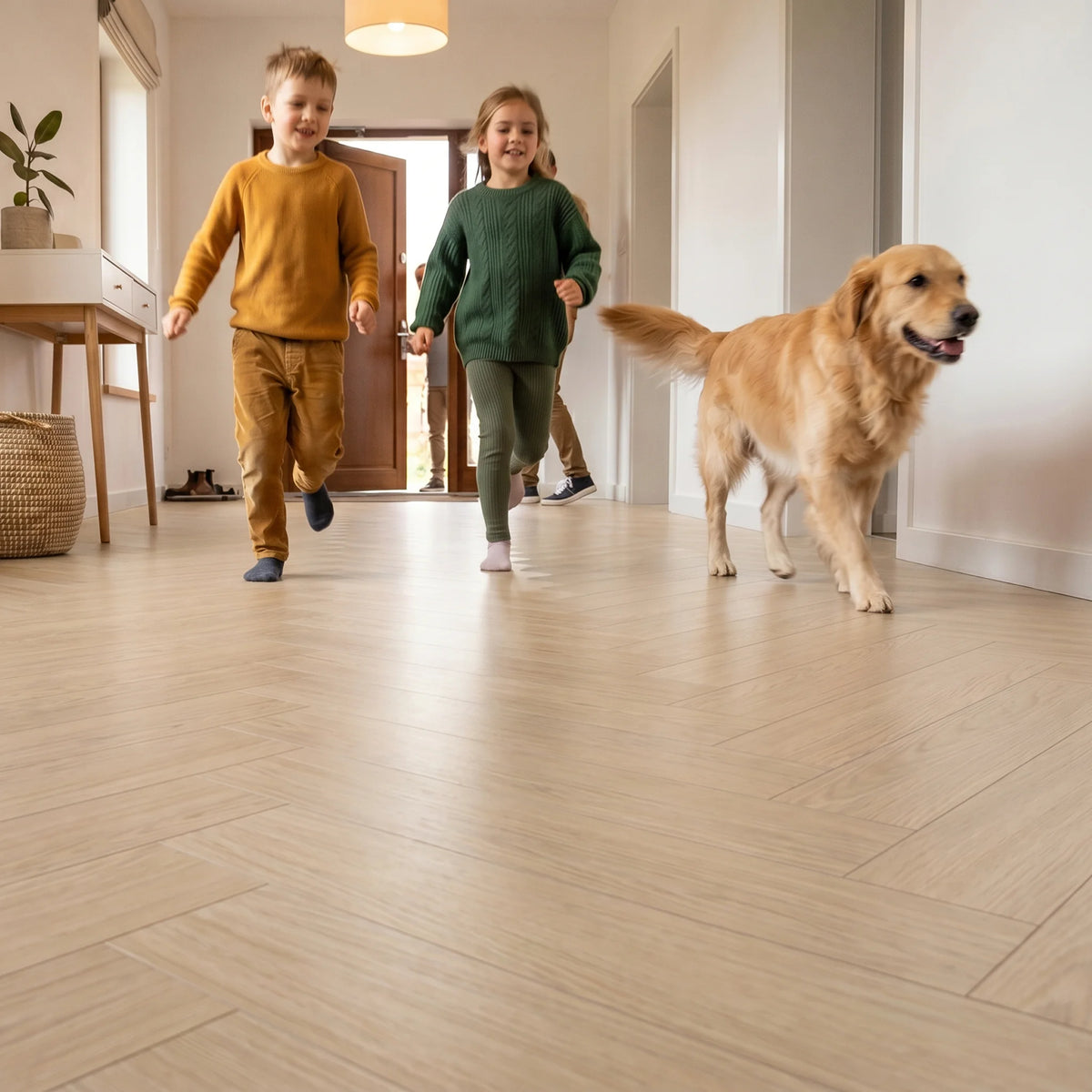 Family walking on vinyl flooring

