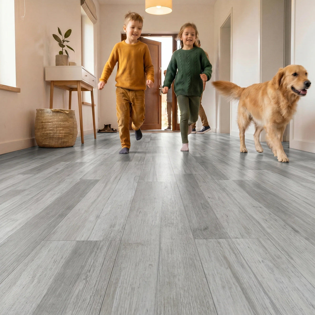 Family walking on vinyl flooring