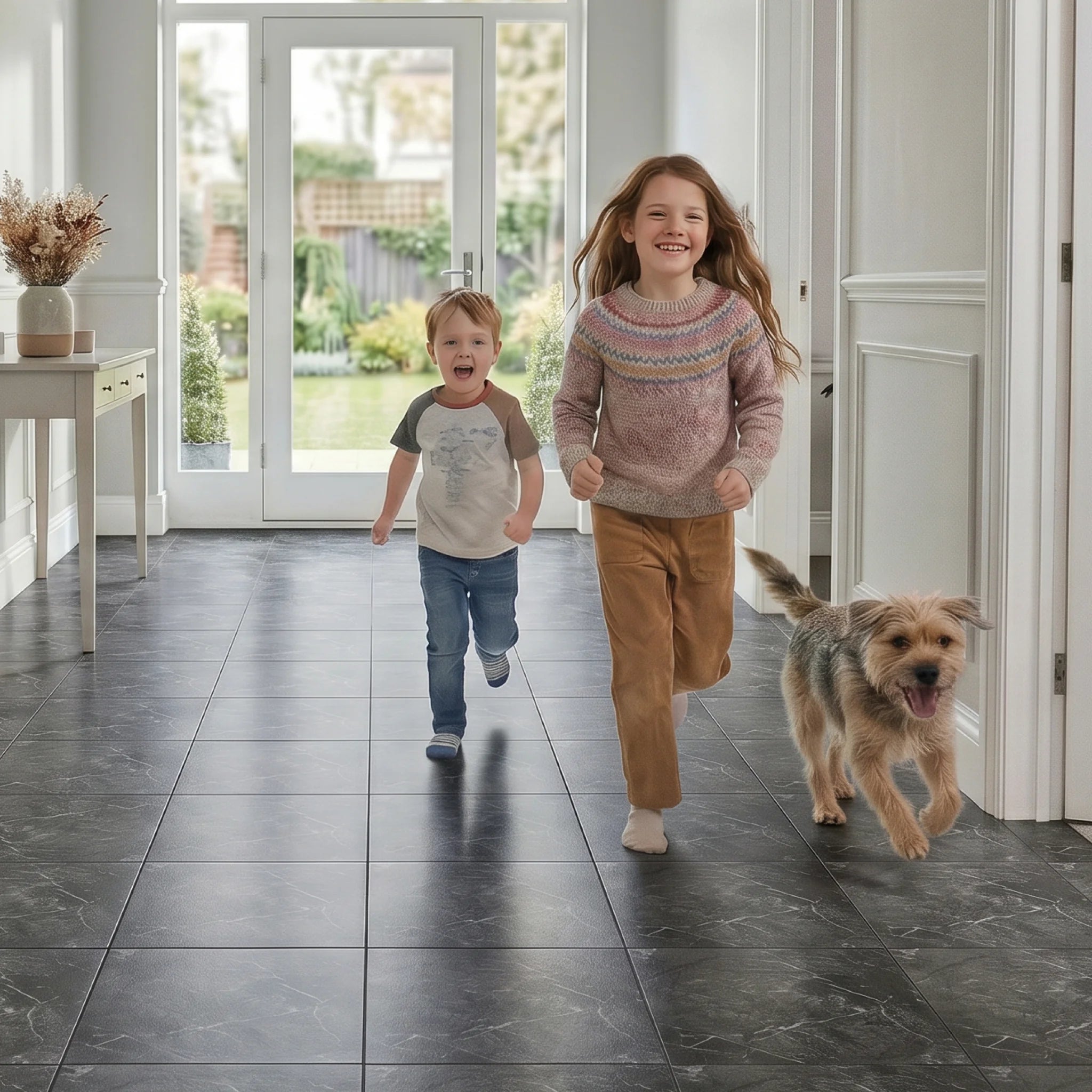 Wear resistant vinyl tiles hallway