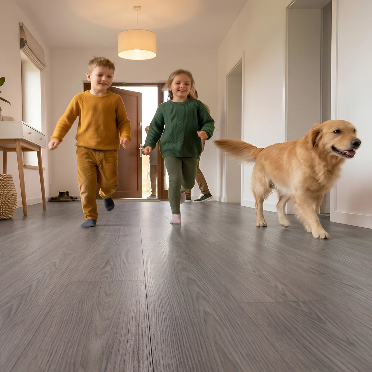 Family walking on vinyl flooring

