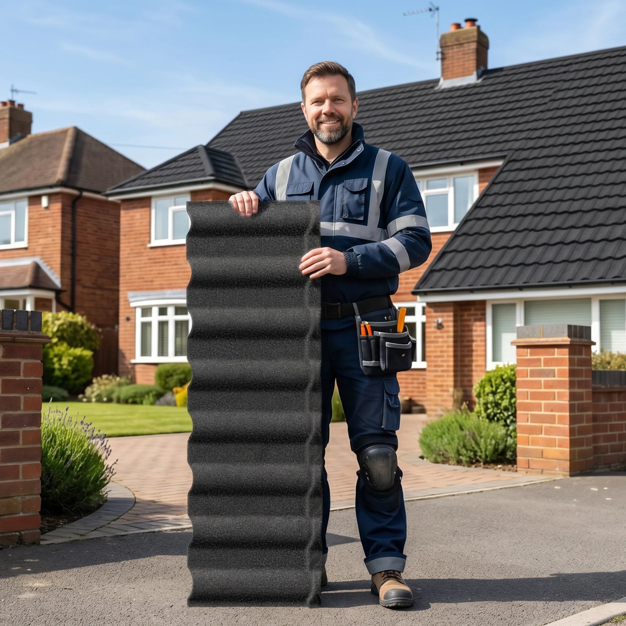 Roofer holding green metal roof shingle
