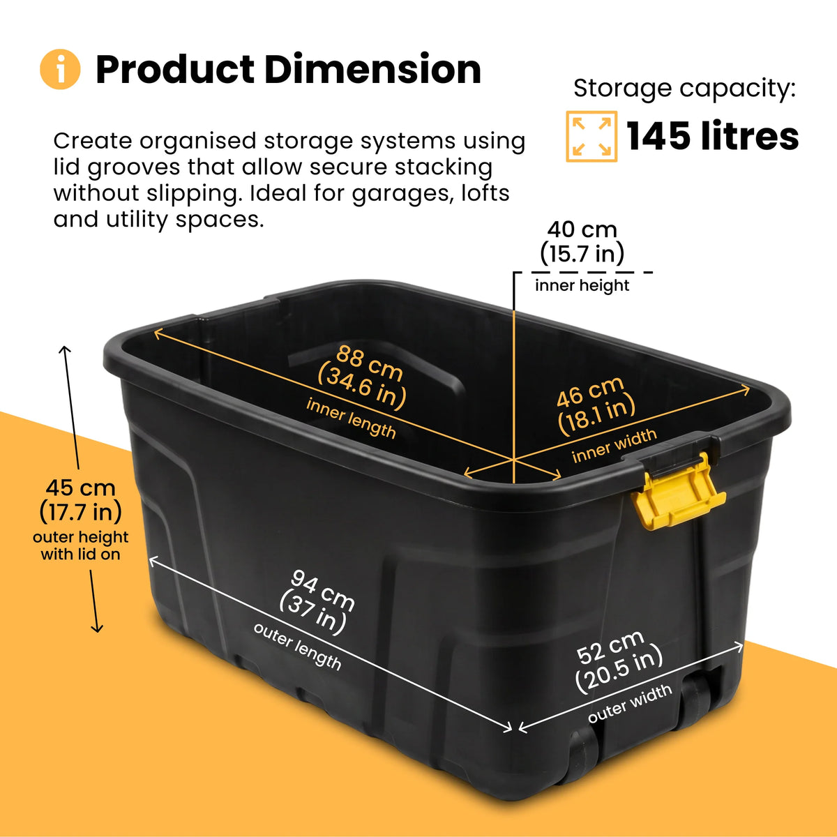waterproof outdoor storage box with dimensions shown