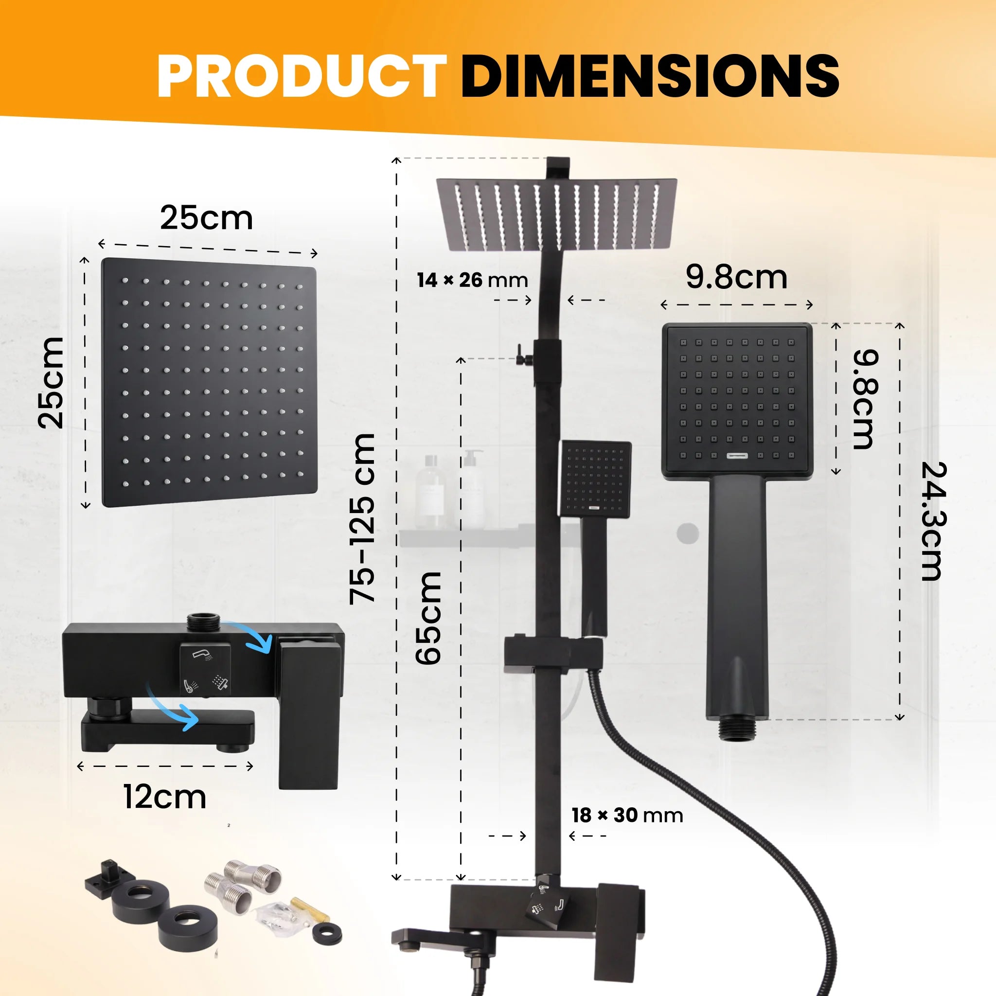 Shower system dimensions and accessories