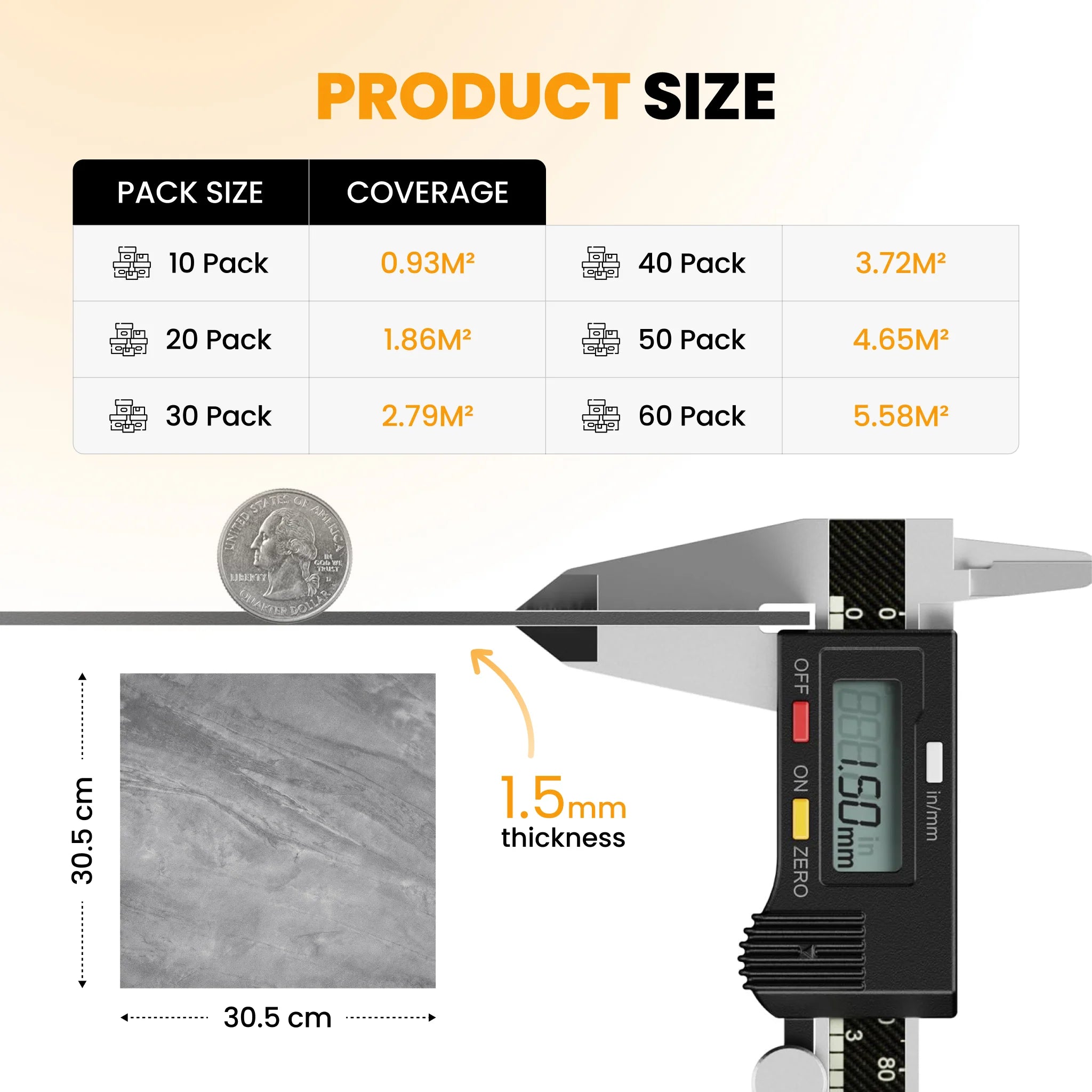 Vinyl floor tile size and pack coverage