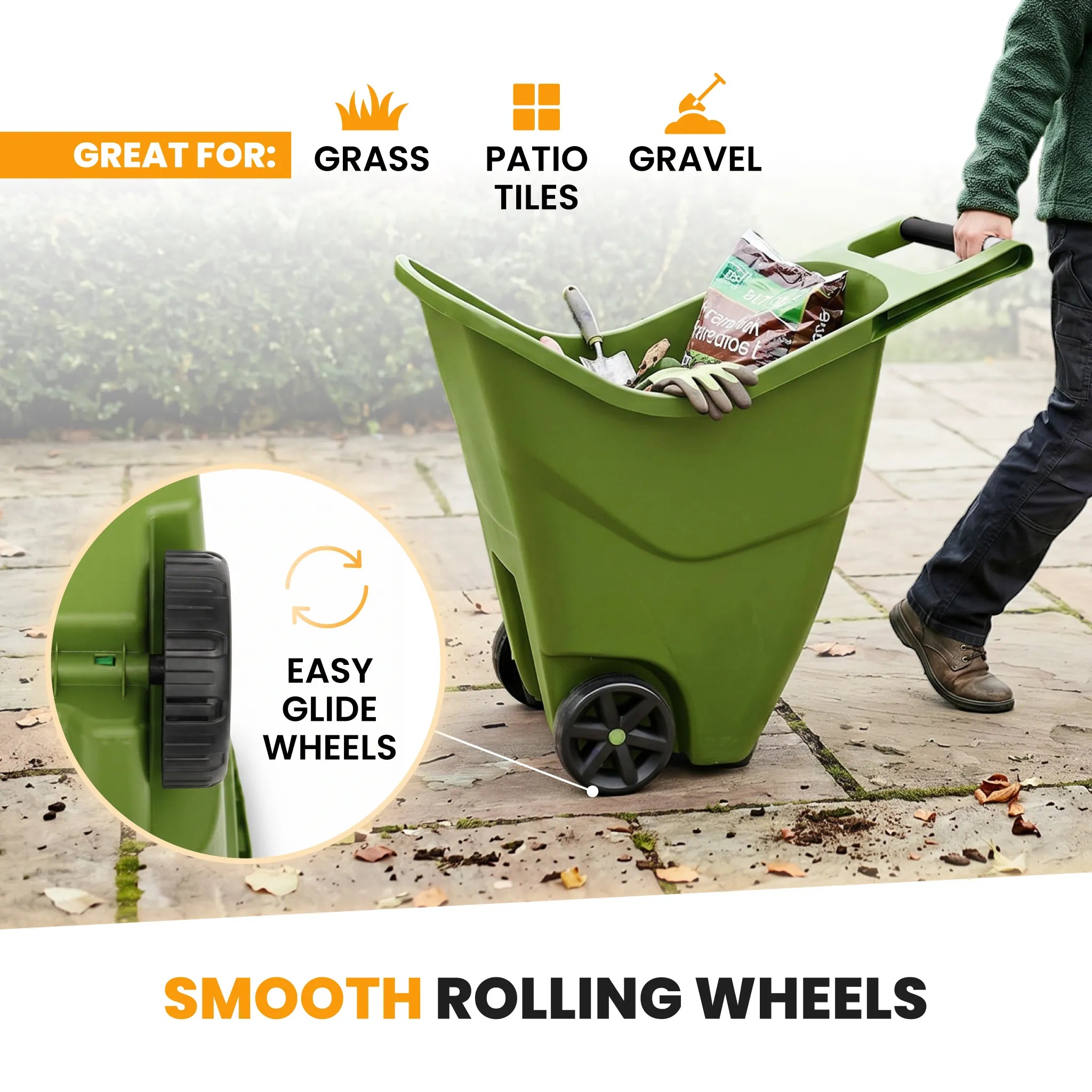 Garden caddy rolling across patio tiles