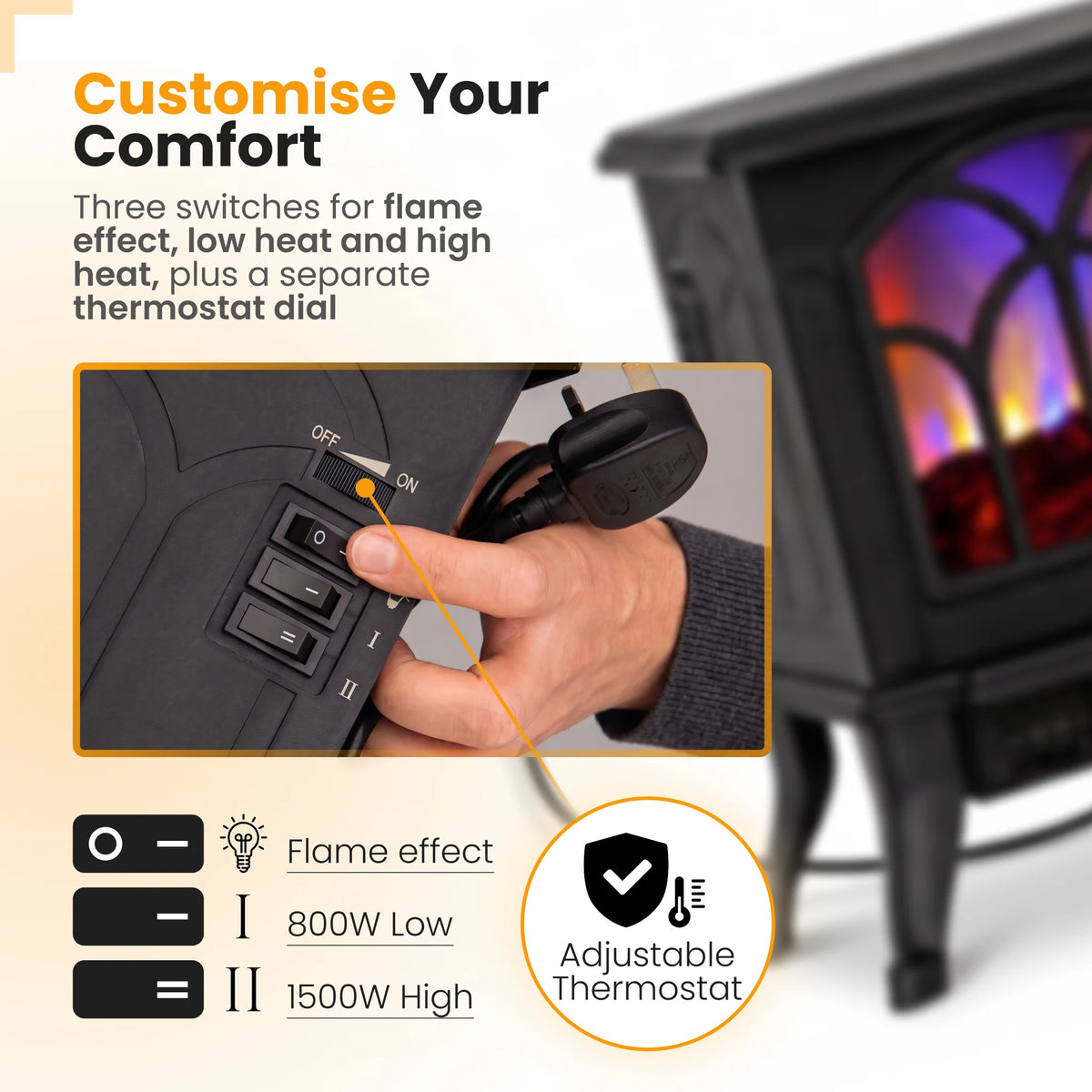 Simulated flame switch and thermostat controls