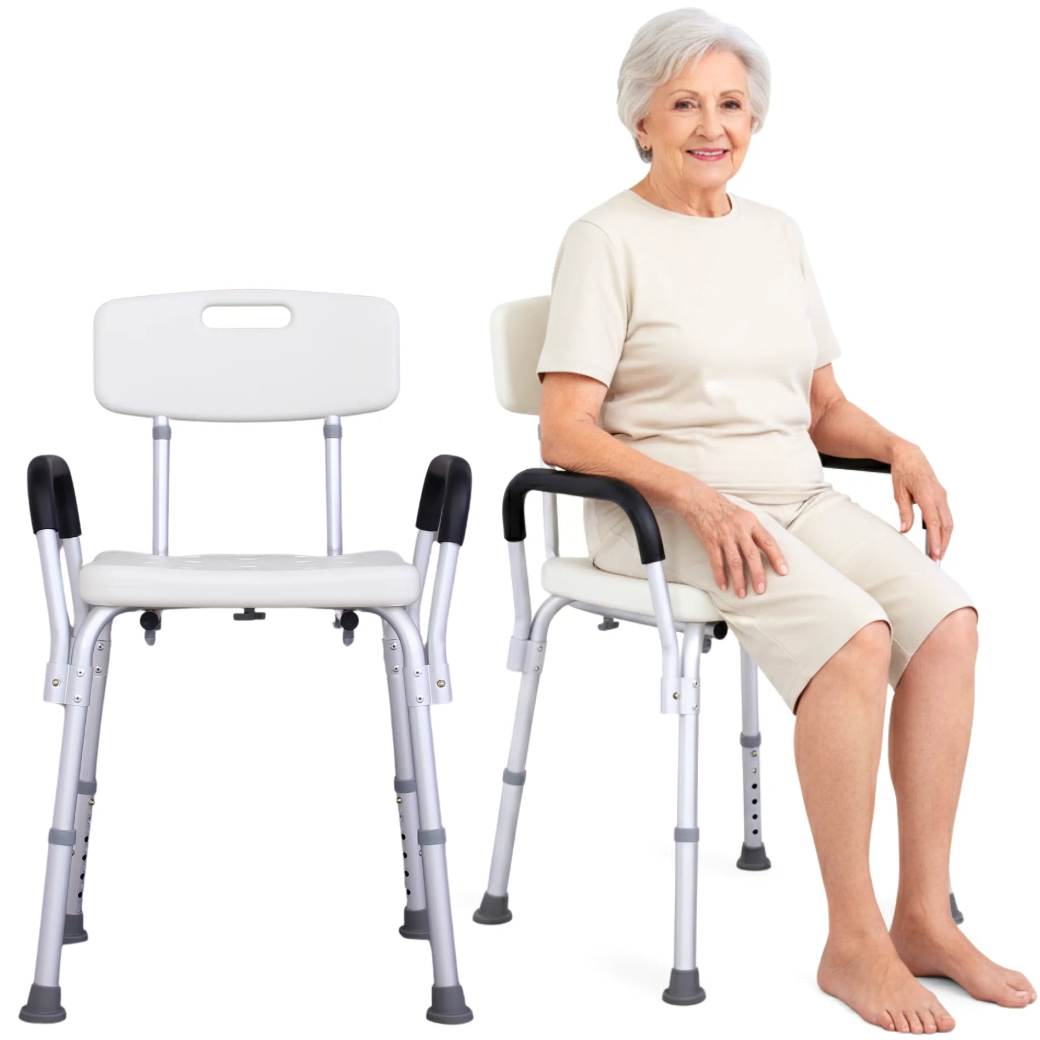 Adjustable shower chair with backrest and armrests
