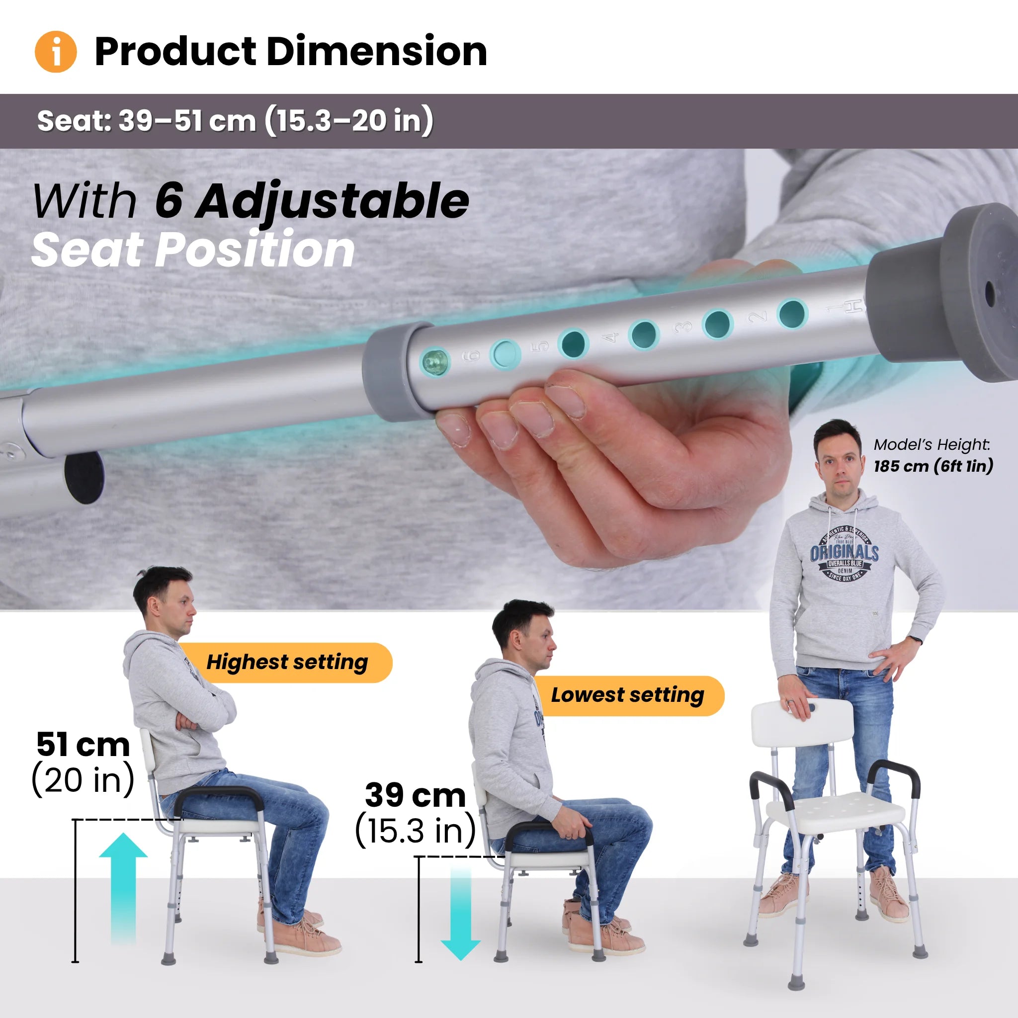 Dimensions for Adjustable shower seats for elderly