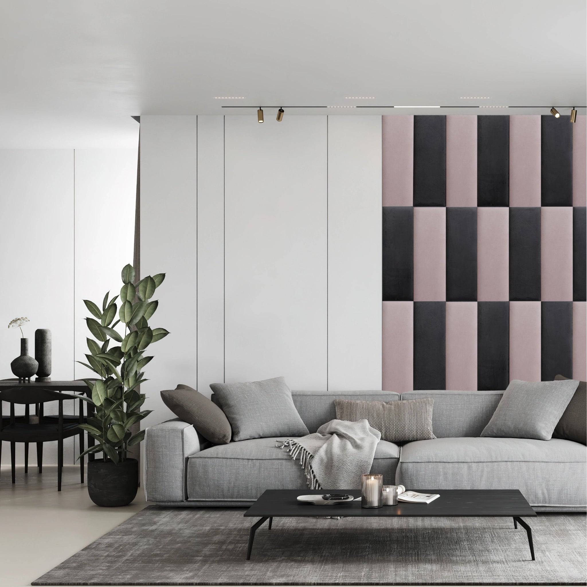Living room with pink upholstered wall panels and modern furniture