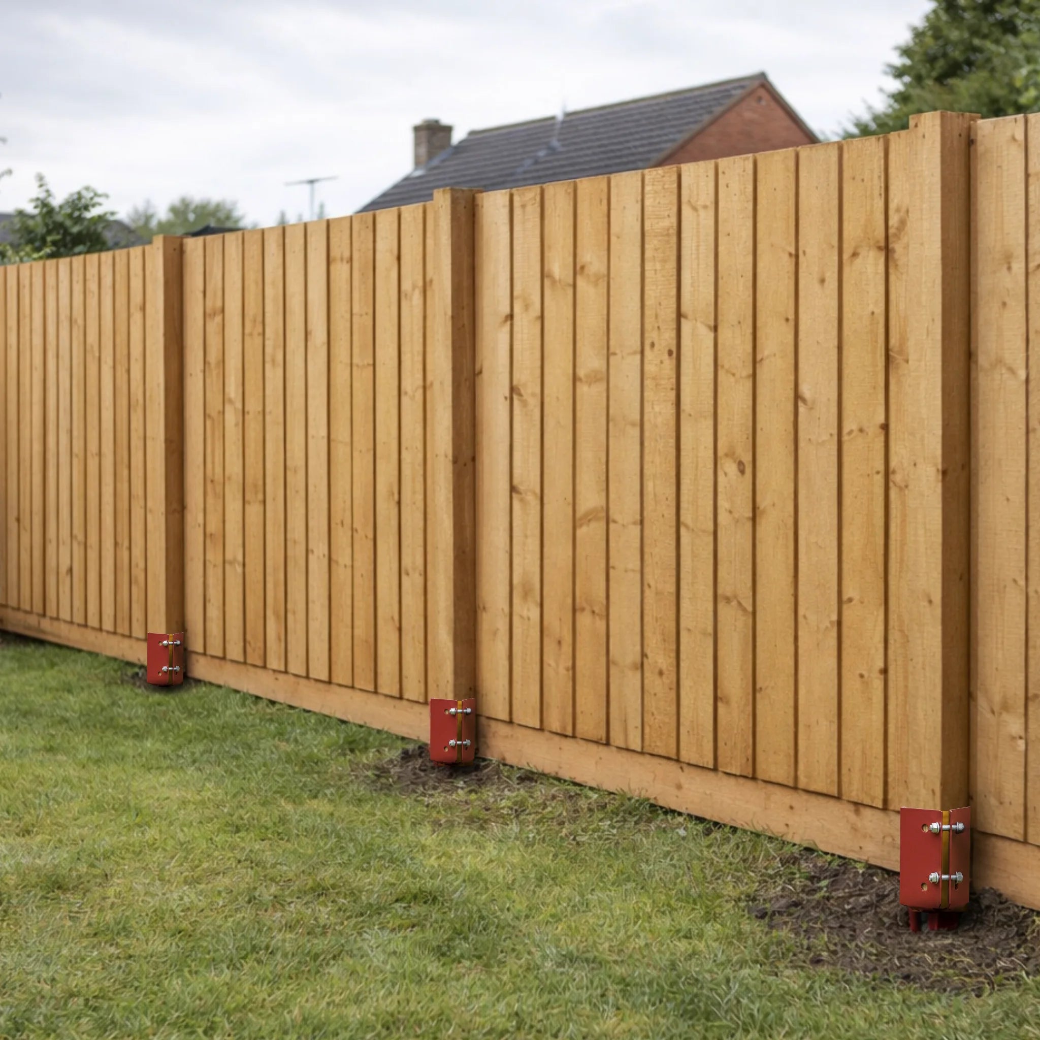 wooden garden fence installed by metal post spikes