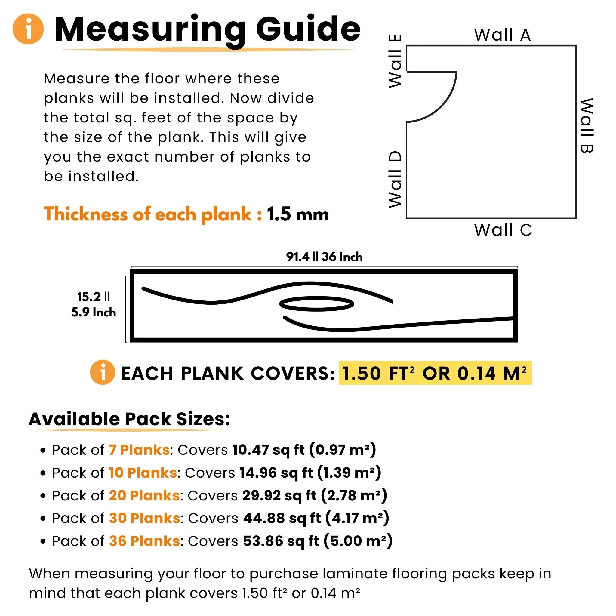 measuring guide for self-adhesive floor planks with details on thickness and packaging