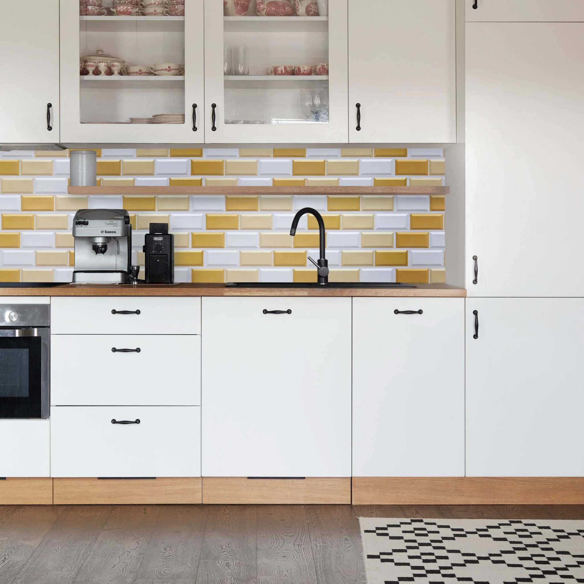 Kitchen with mix of white, gold, beige geometric-patterned wall panels and modern decor