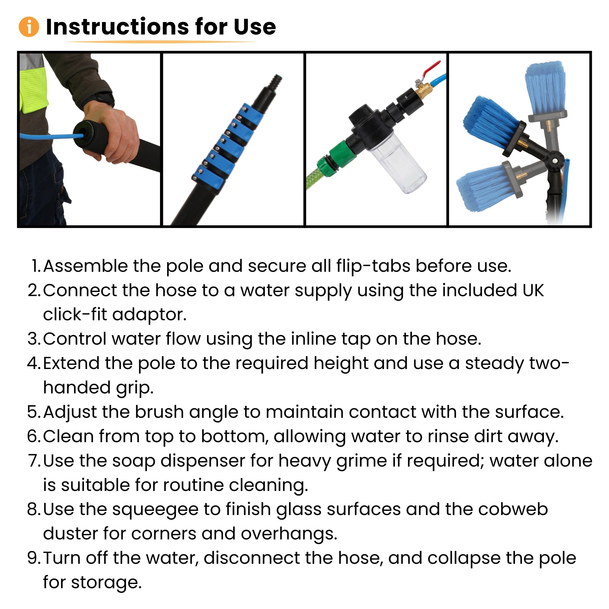 Instructions for using water fed window cleaning pole