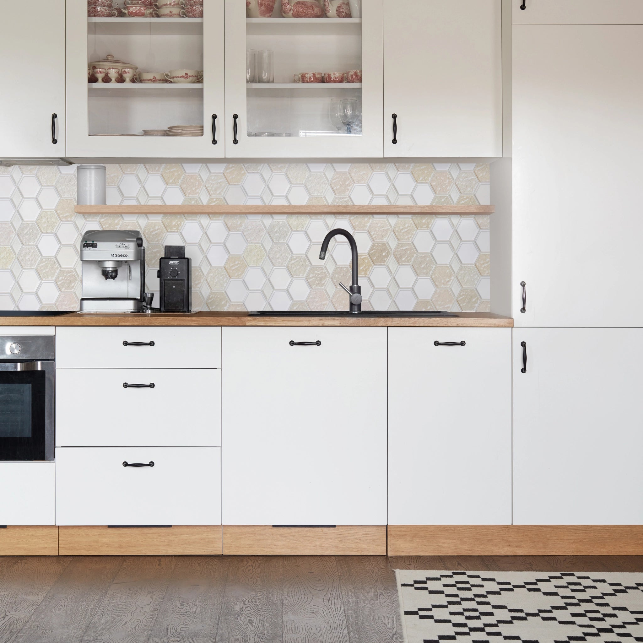 Kitchen with white & beige geometric-patterned wall panels and modern decor