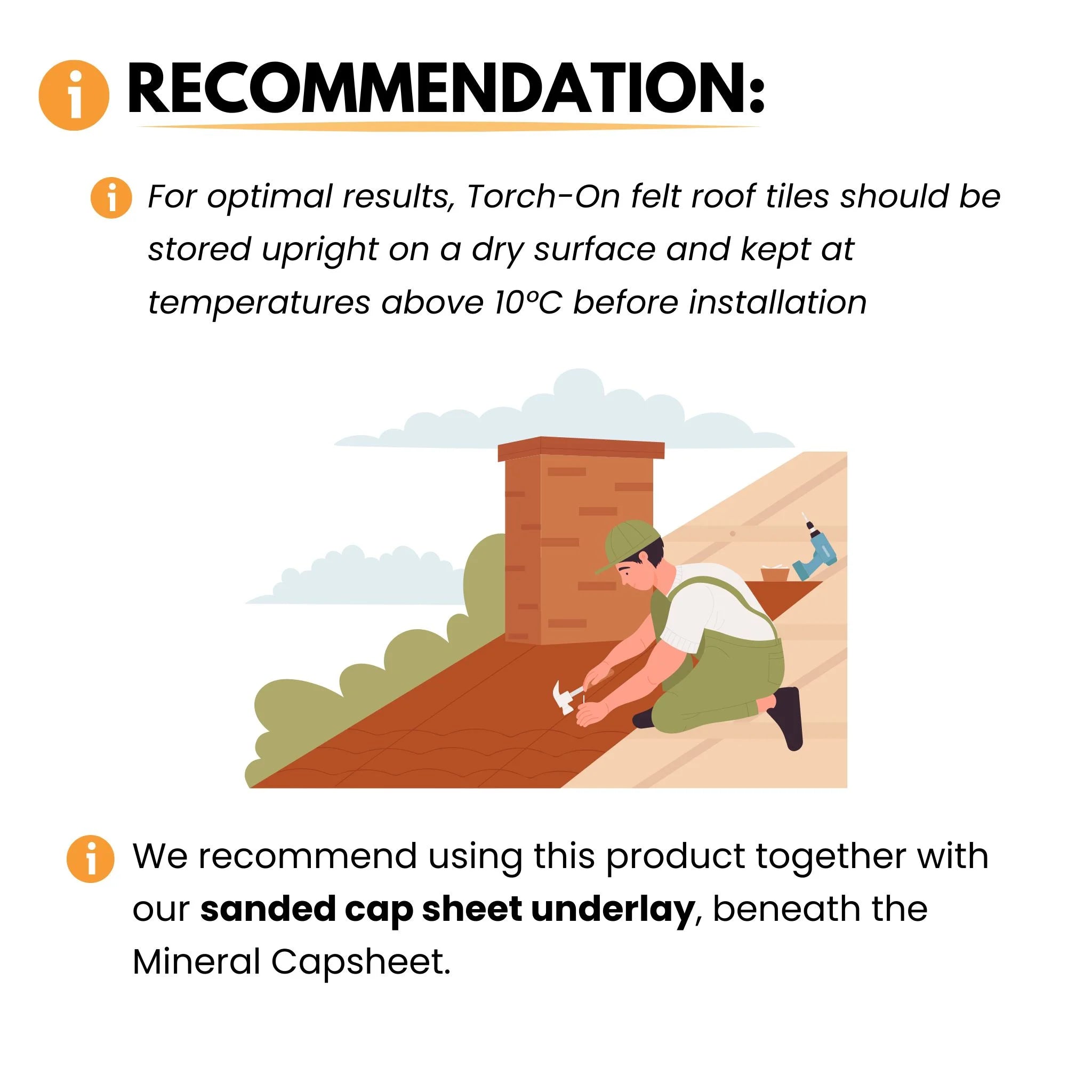 recommendation for torch-on felt roof tiles storage and usage with sanded cap sheet underlay